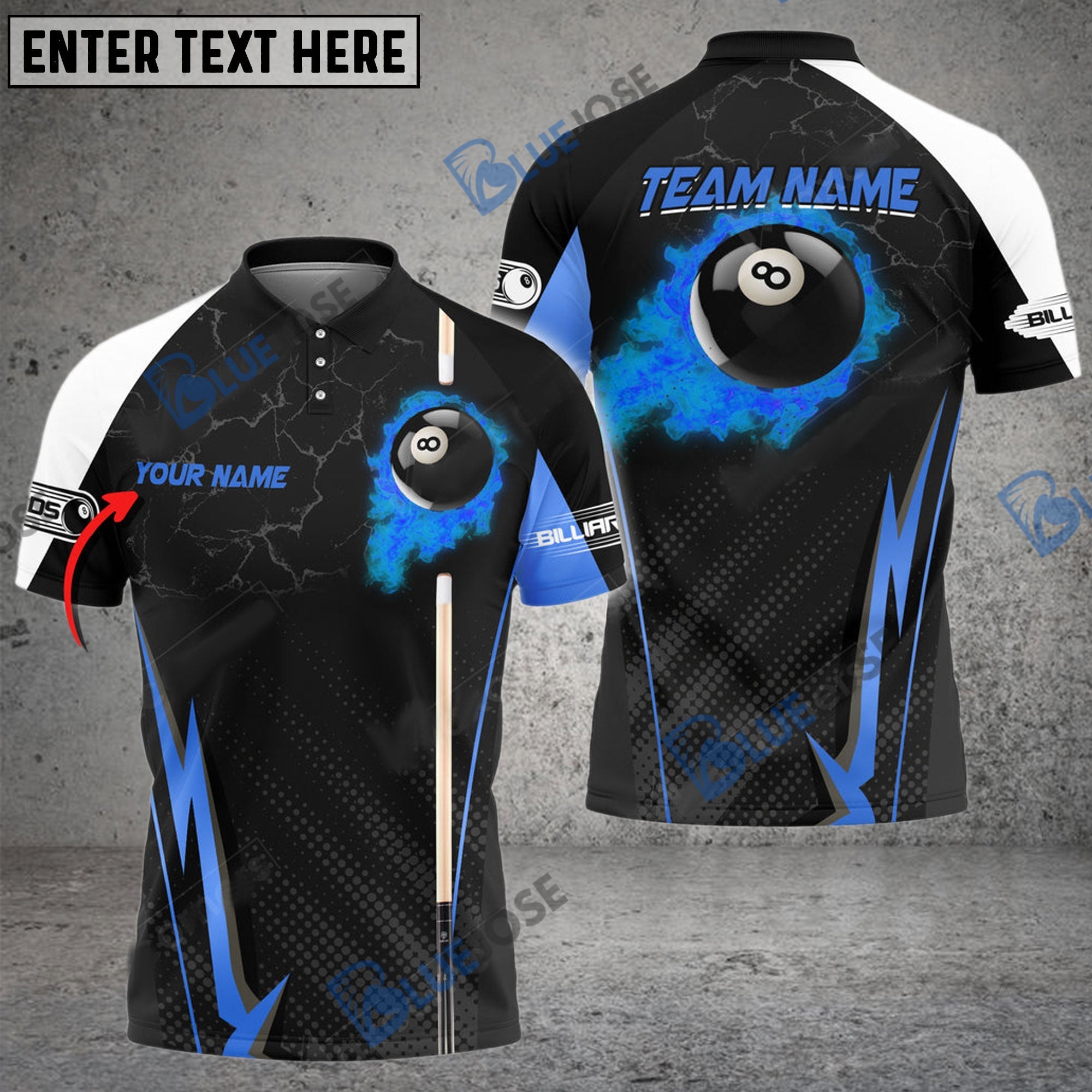 BlueJose Billiards Ball 8 Fire Cue Personalized Name, Team Name Unisex Shirt (4 Colors)