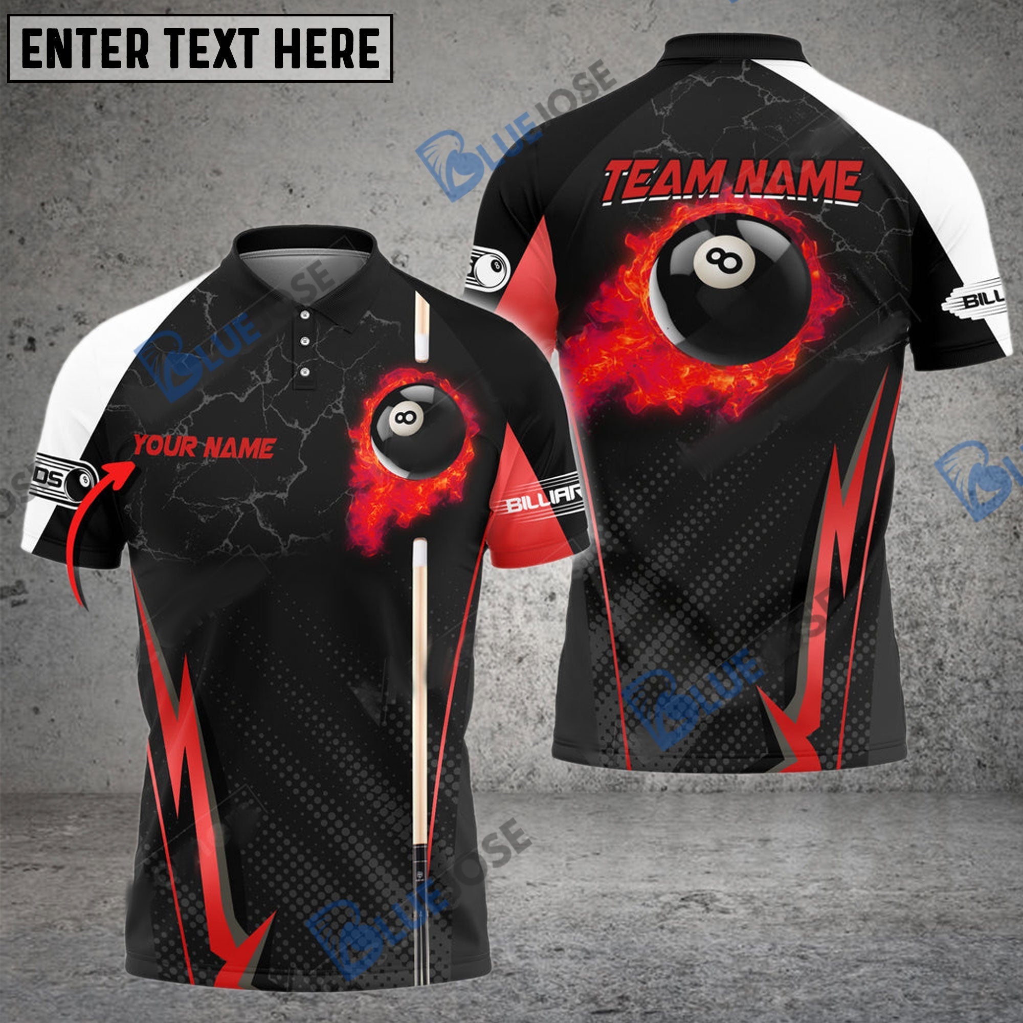 BlueJose Billiards Ball 8 Fire Cue Personalized Name, Team Name Unisex Shirt (4 Colors)