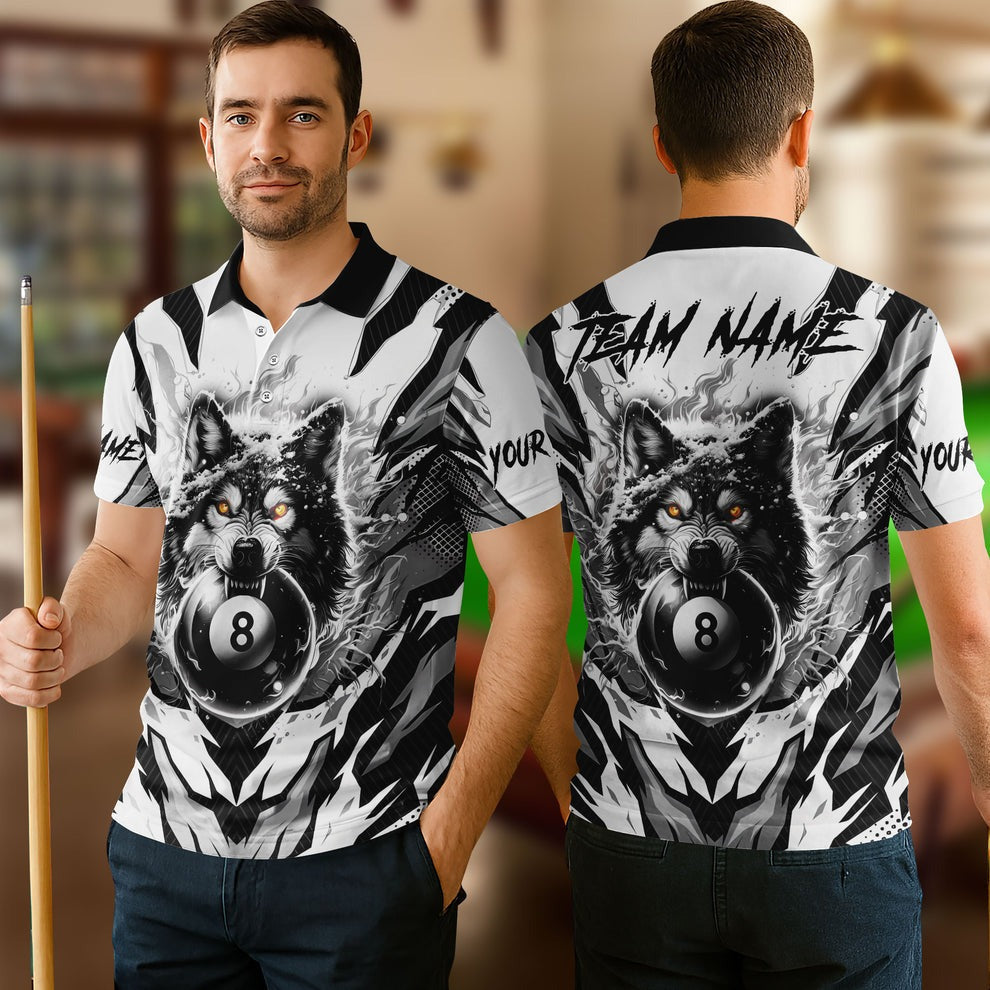 BlueJose Billiards Ball 8 Flame Wolf White Personalized Name, Team Name Unisex Shirt
