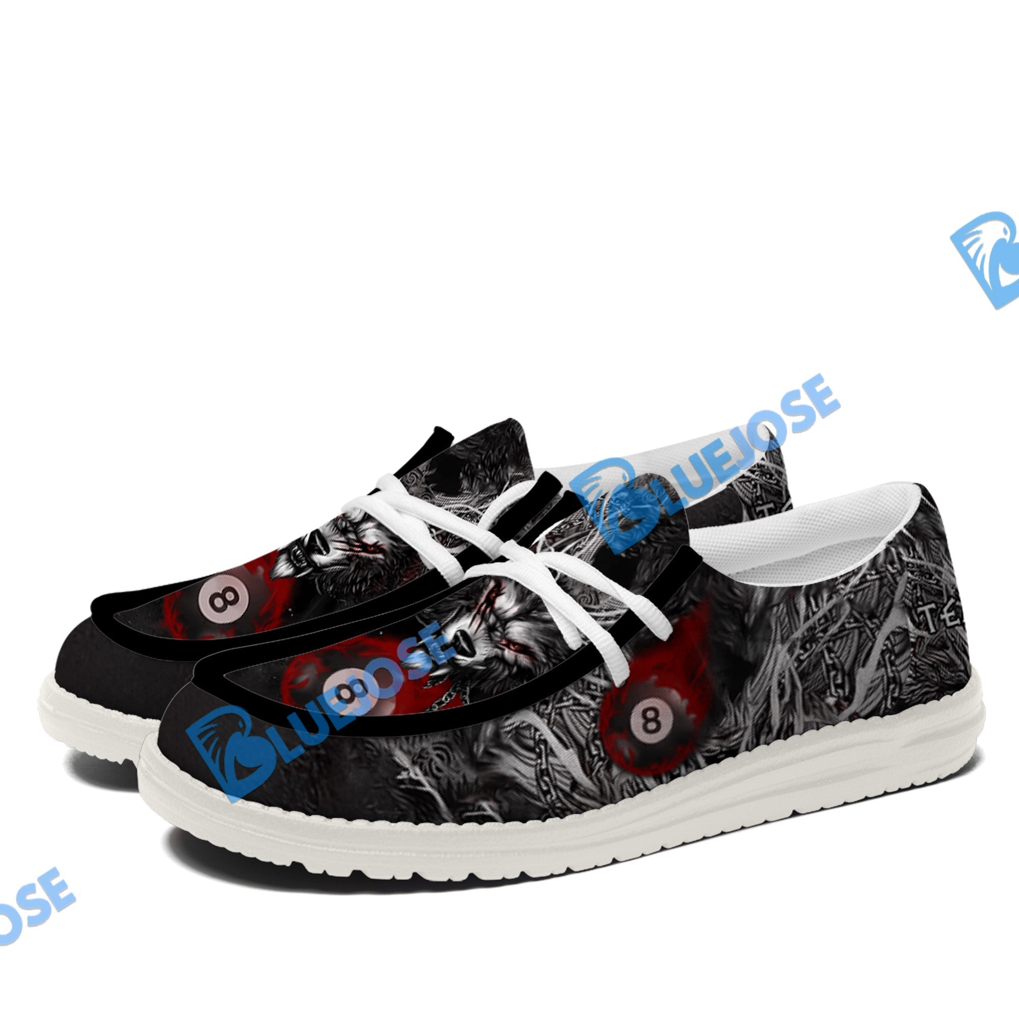 BlueJose Billiards 8 Chain Scar Wolf White Canvas Loafer Shoes (4 Colors)