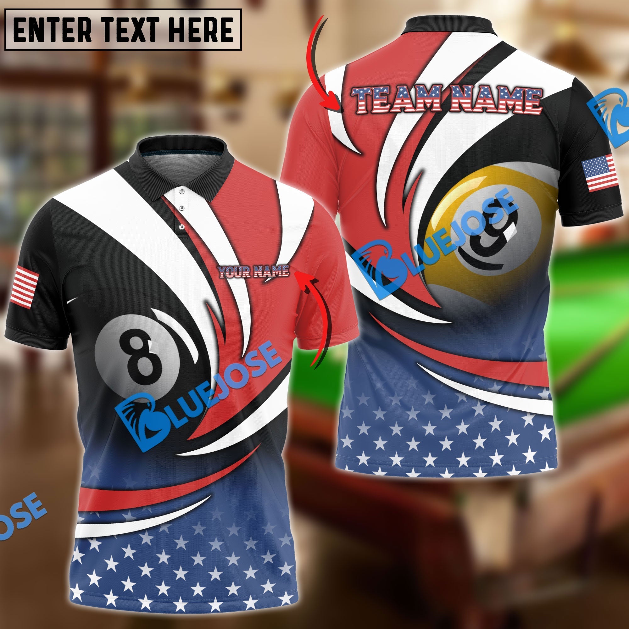 BlueJose Billiards American Flag Personalized Name, Team Name Shirt (3 Colors)
