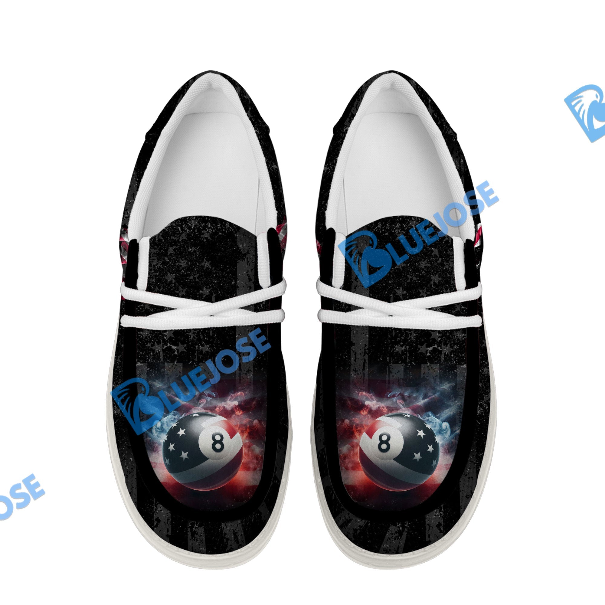 BlueJose Billiards Ball 8 Pool Smoke US Flag White Canvas Loafer Shoes