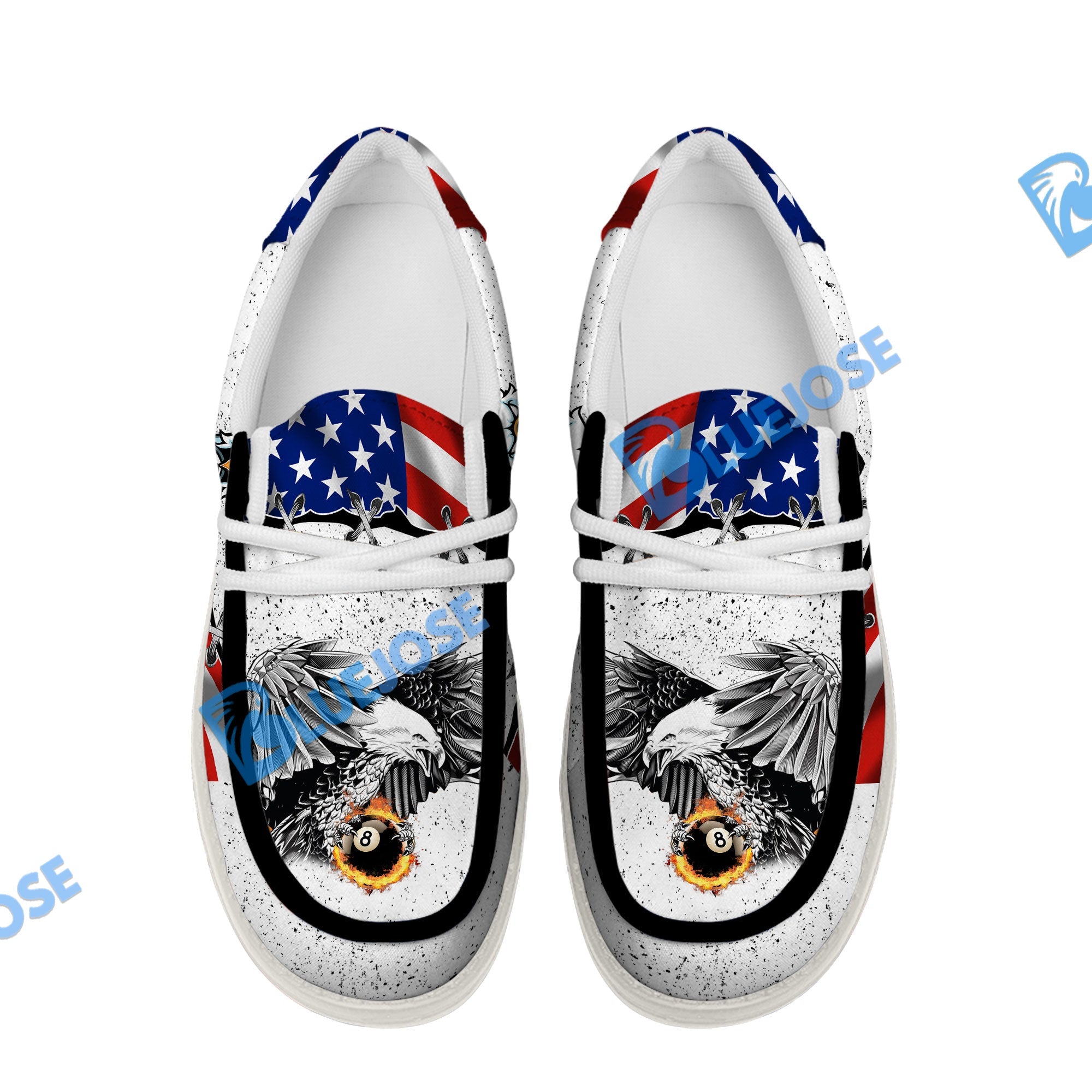 BlueJose Billiards Ball 8 Flame Eagle White Canvas Loafer Shoes