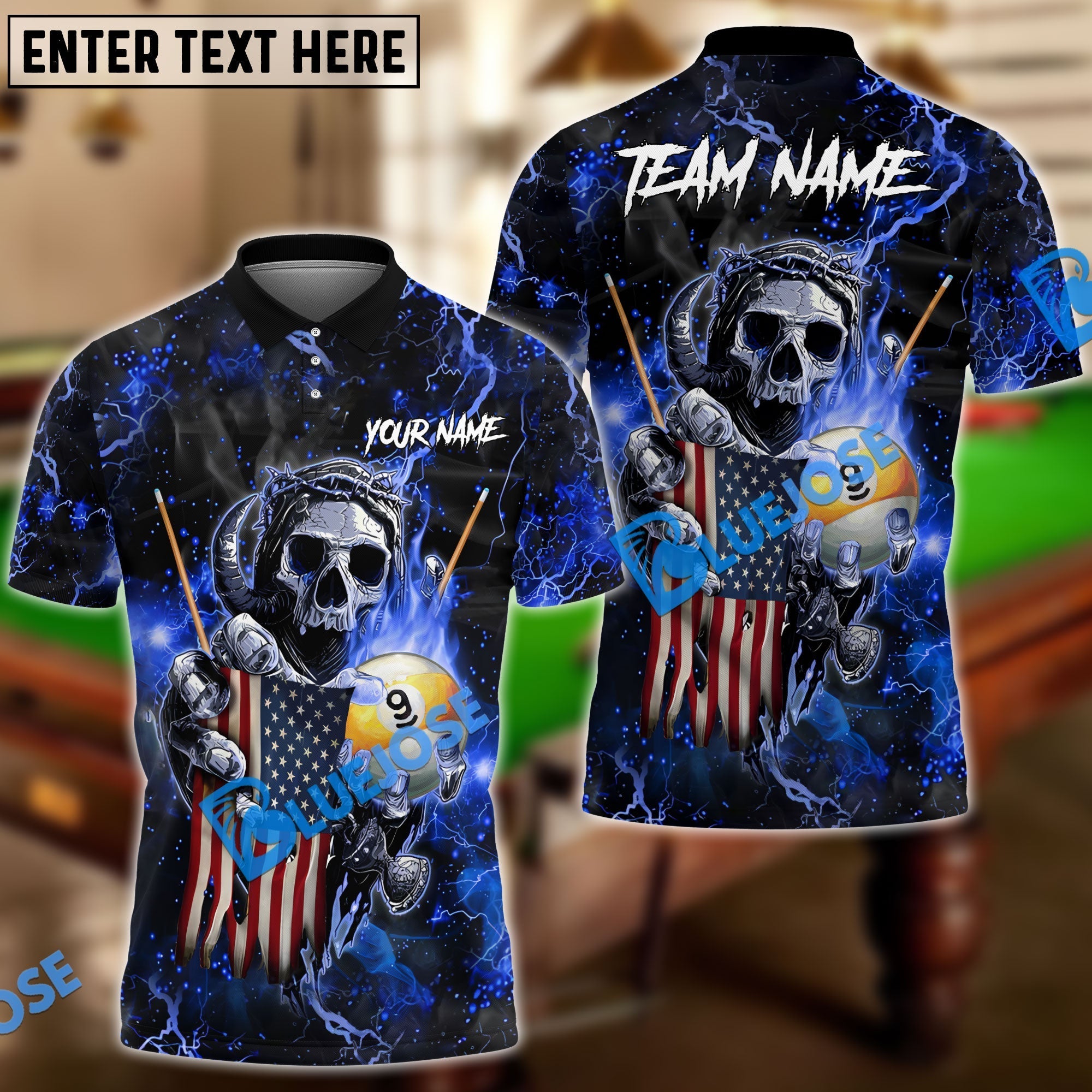 BlueJose Billiards Ball 9 Fire Skull US Flag Personalized Name, Team Name Shirt (6 Colors)