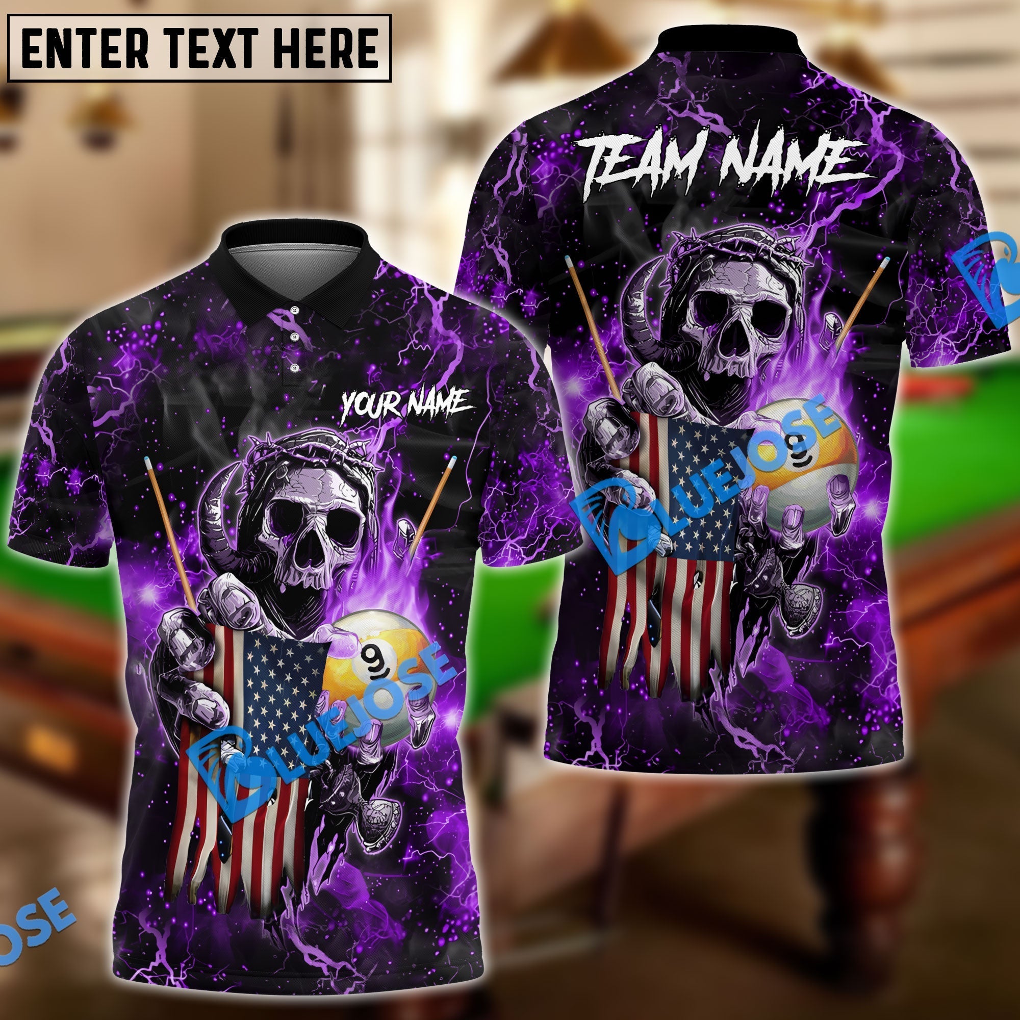 BlueJose Billiards Ball 9 Fire Skull US Flag Personalized Name, Team Name Shirt (6 Colors)