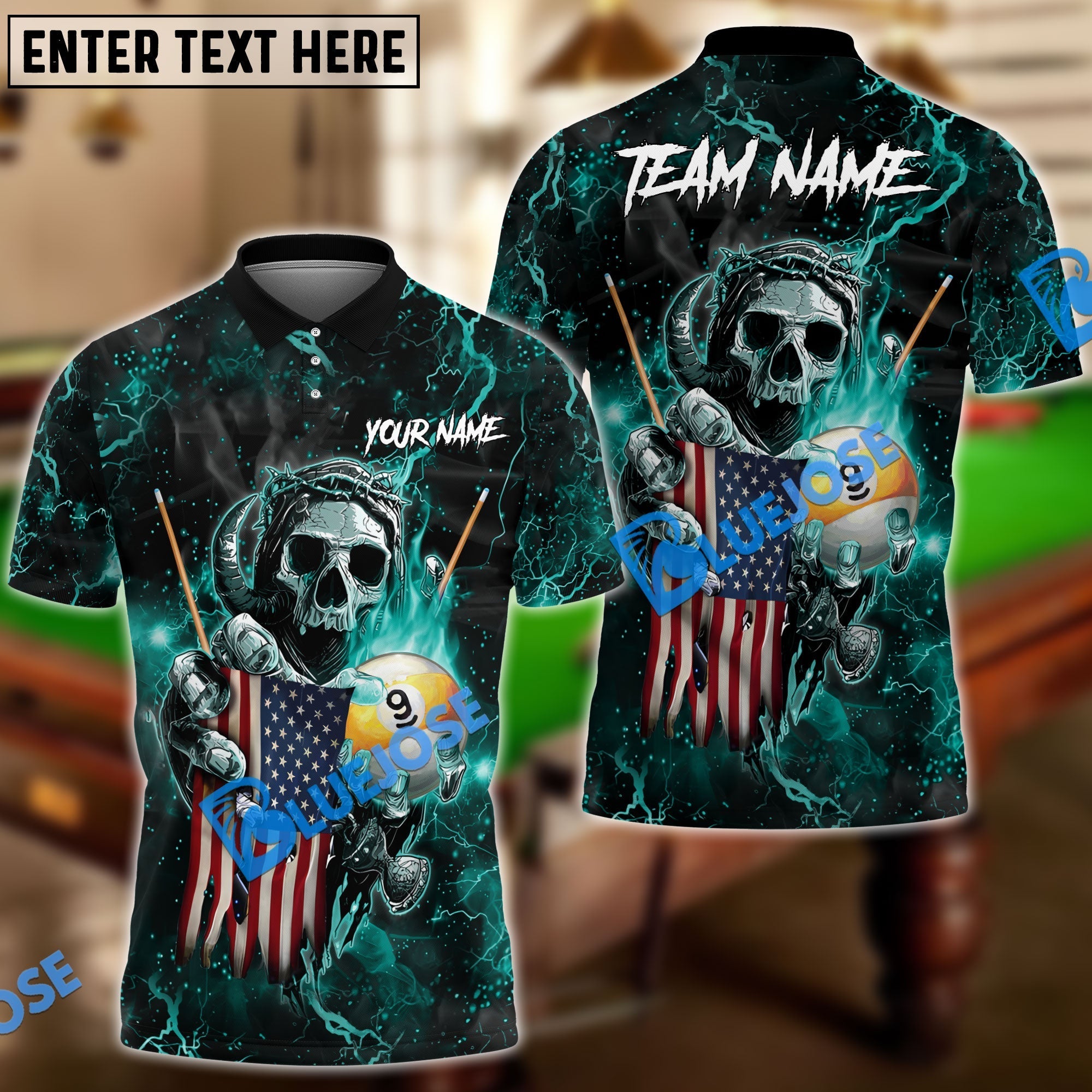 BlueJose Billiards Ball 9 Fire Skull US Flag Personalized Name, Team Name Shirt (6 Colors)