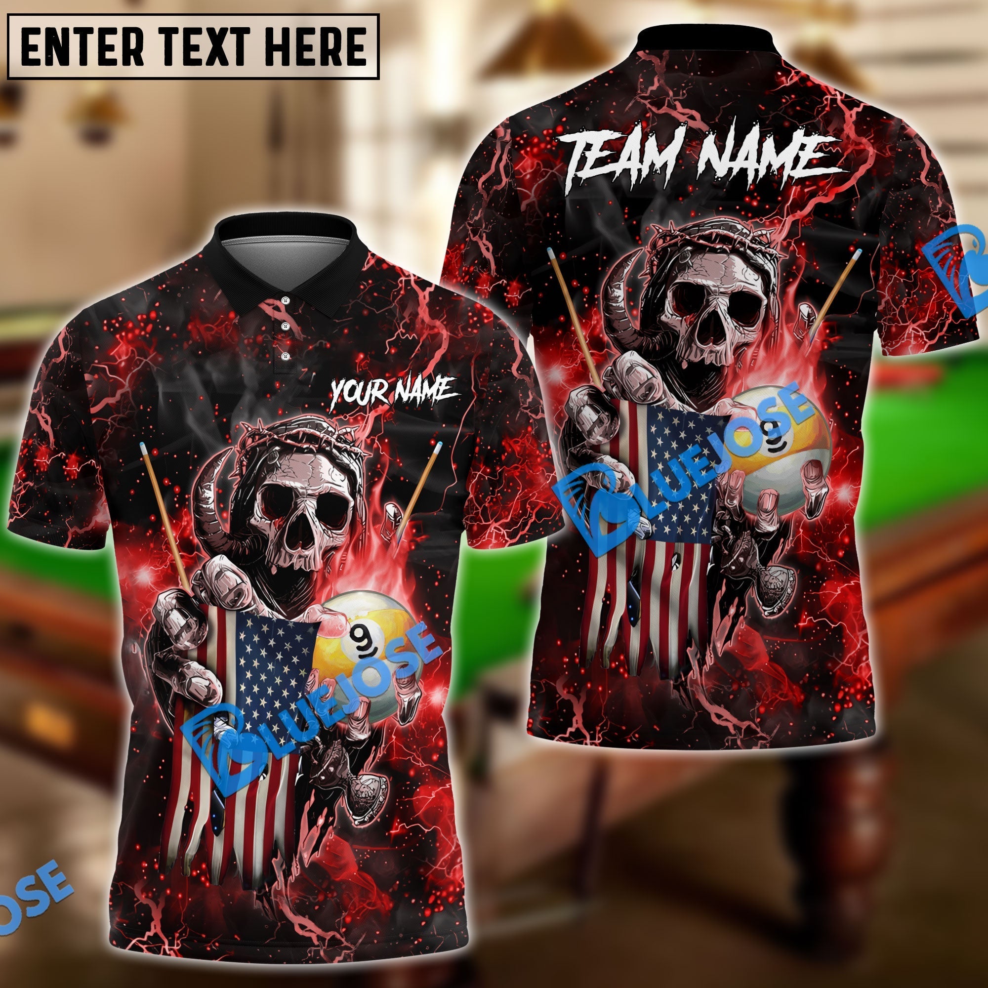 BlueJose Billiards Ball 9 Fire Skull US Flag Personalized Name, Team Name Shirt (6 Colors)