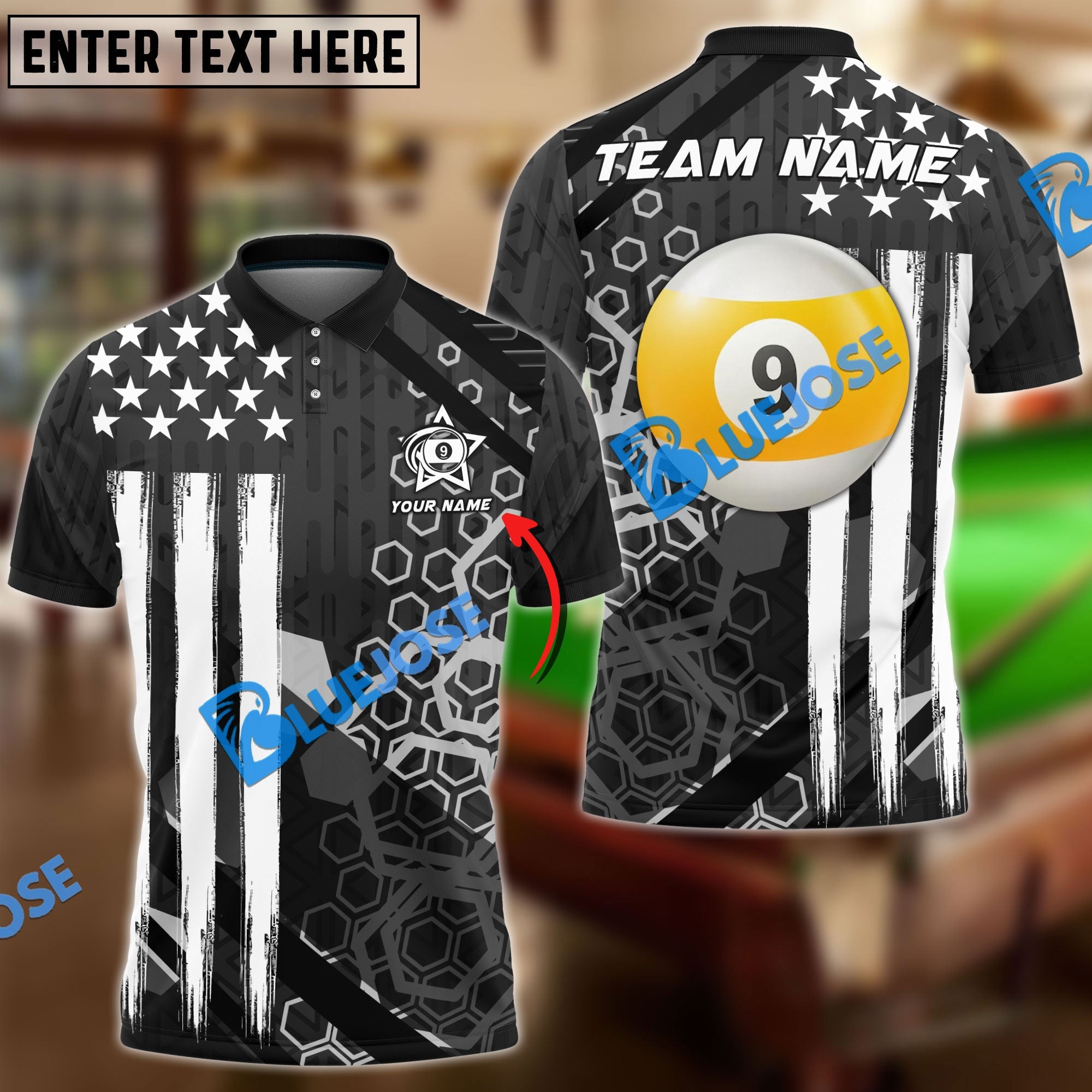 BlueJose Billiards 8 ball & 9 Ball New USA Personalized Name, Team Name Shirt (4 Colors)