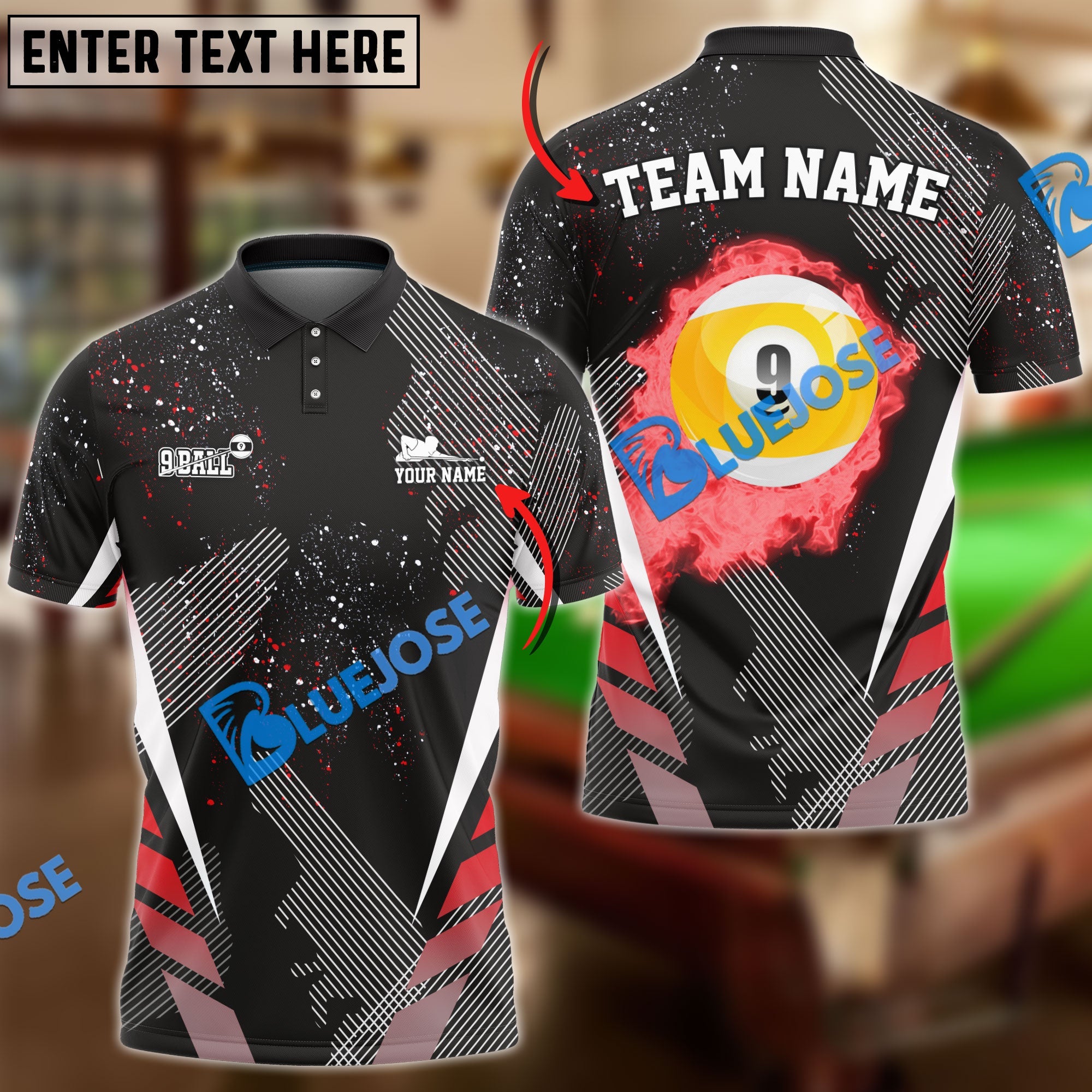 BlueJose Billiards Ball 9 Dream Tournament Personalized Name, Team Name Shirt (6 Colors)