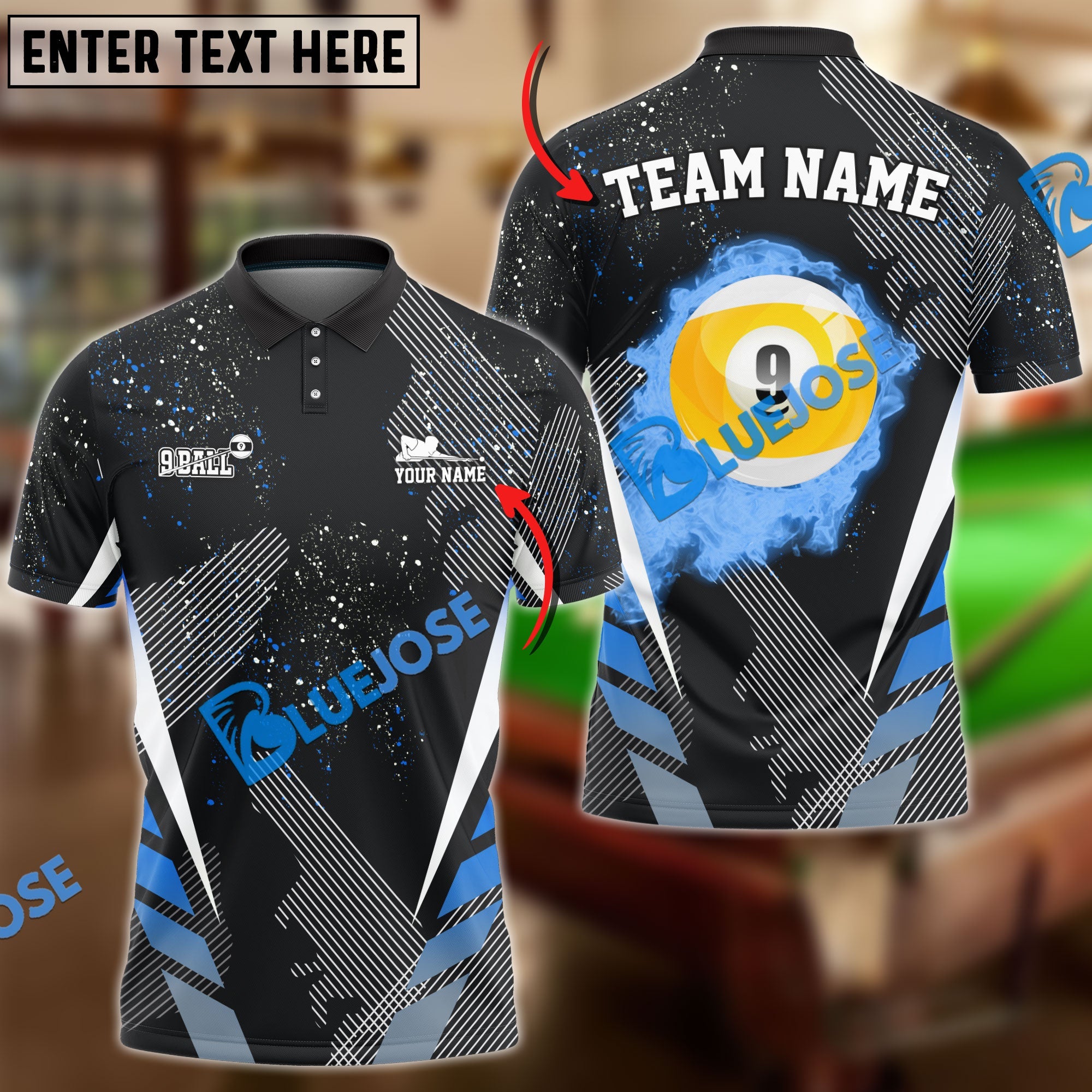 BlueJose Billiards Ball 9 Dream Tournament Personalized Name, Team Name Shirt (6 Colors)
