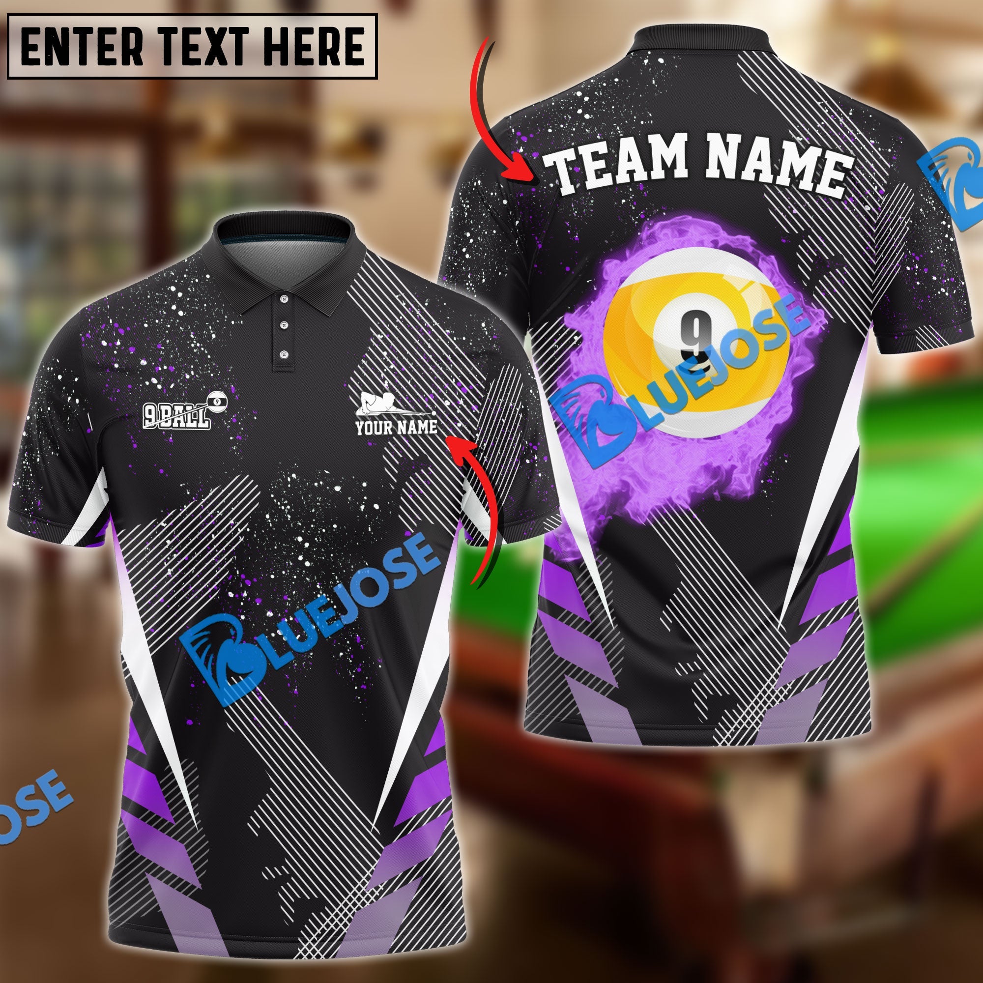 BlueJose Billiards Ball 9 Dream Tournament Personalized Name, Team Name Shirt (6 Colors)
