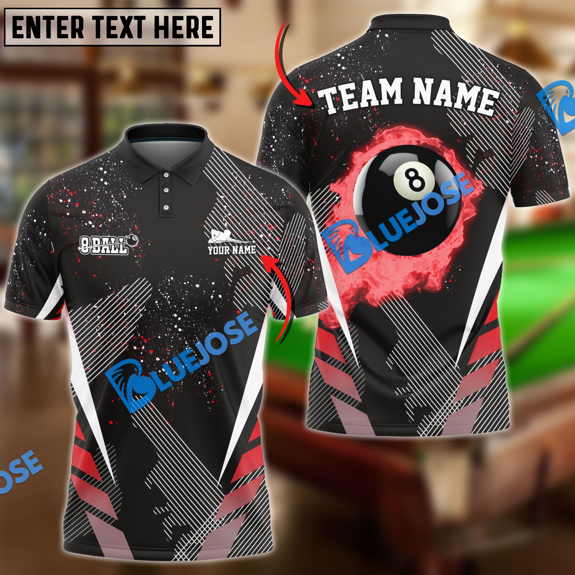 BlueJose Billiards Ball 8 Dream Tournament Personalized Name, Team Name Shirt (6 Colors)