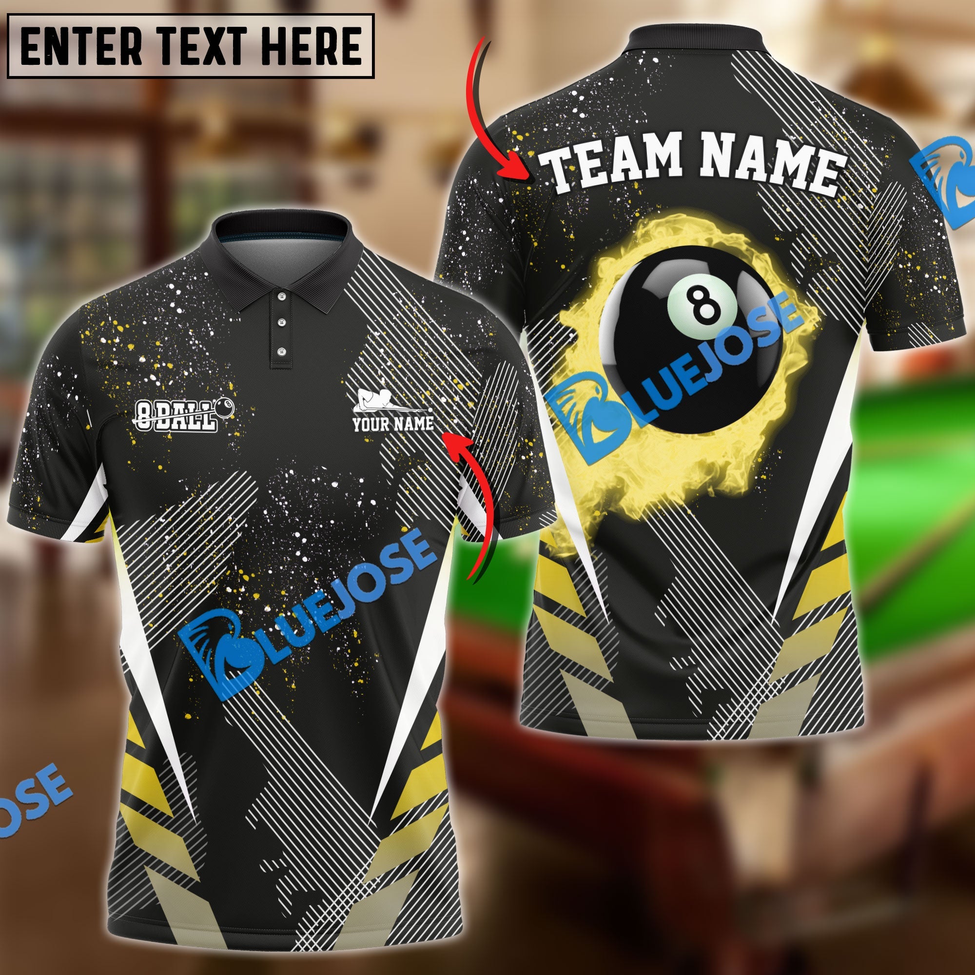 BlueJose Billiards Ball 8 Dream Tournament Personalized Name, Team Name Shirt (6 Colors)