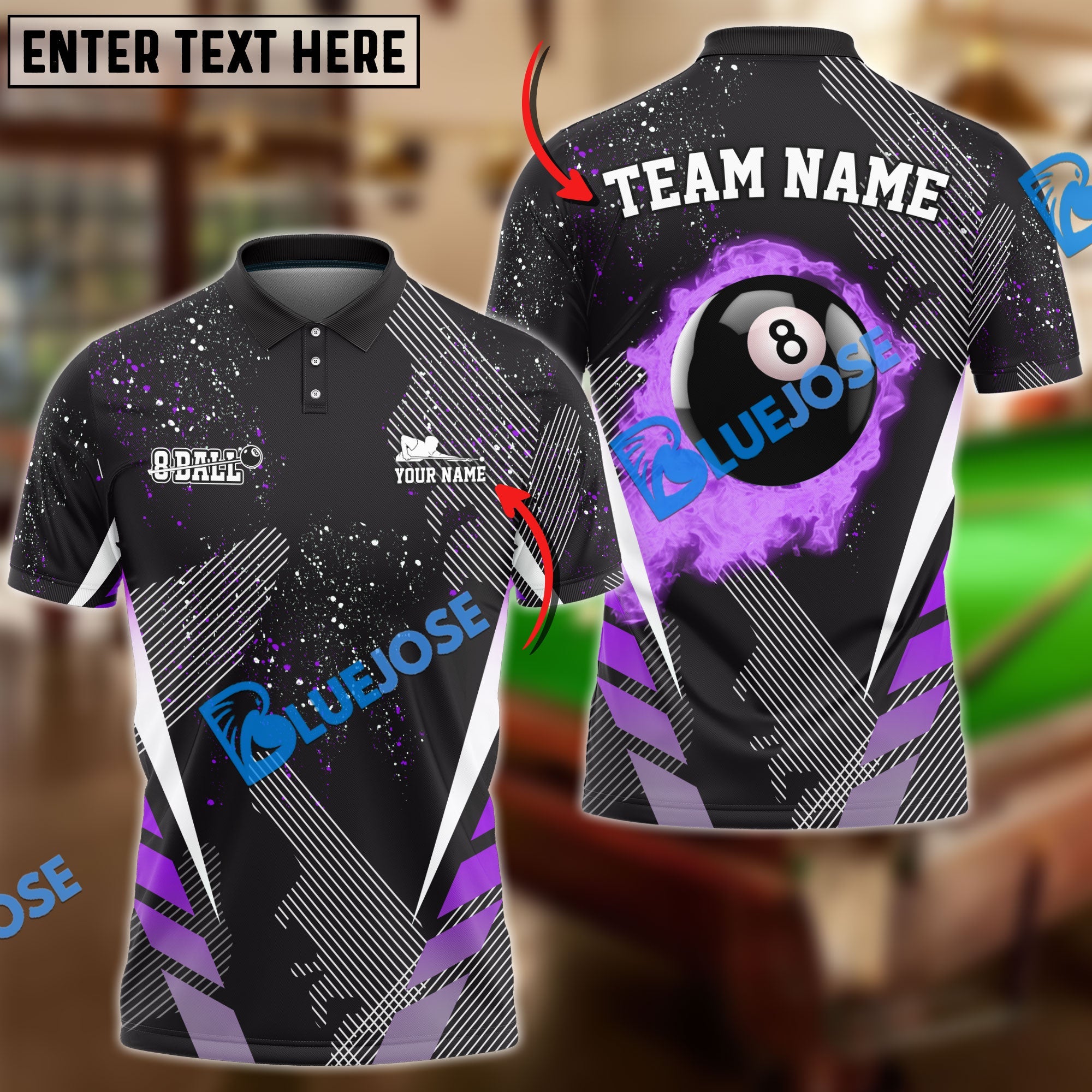 BlueJose Billiards Ball 8 Dream Tournament Personalized Name, Team Name Shirt (6 Colors)