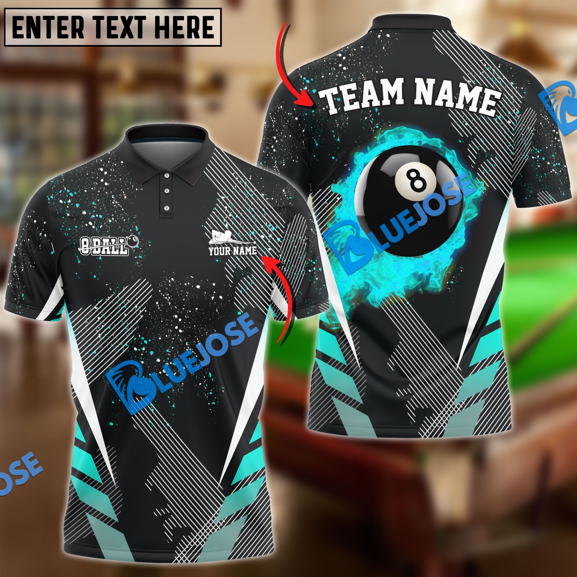 BlueJose Billiards Ball 8 Dream Tournament Personalized Name, Team Name Shirt (6 Colors)