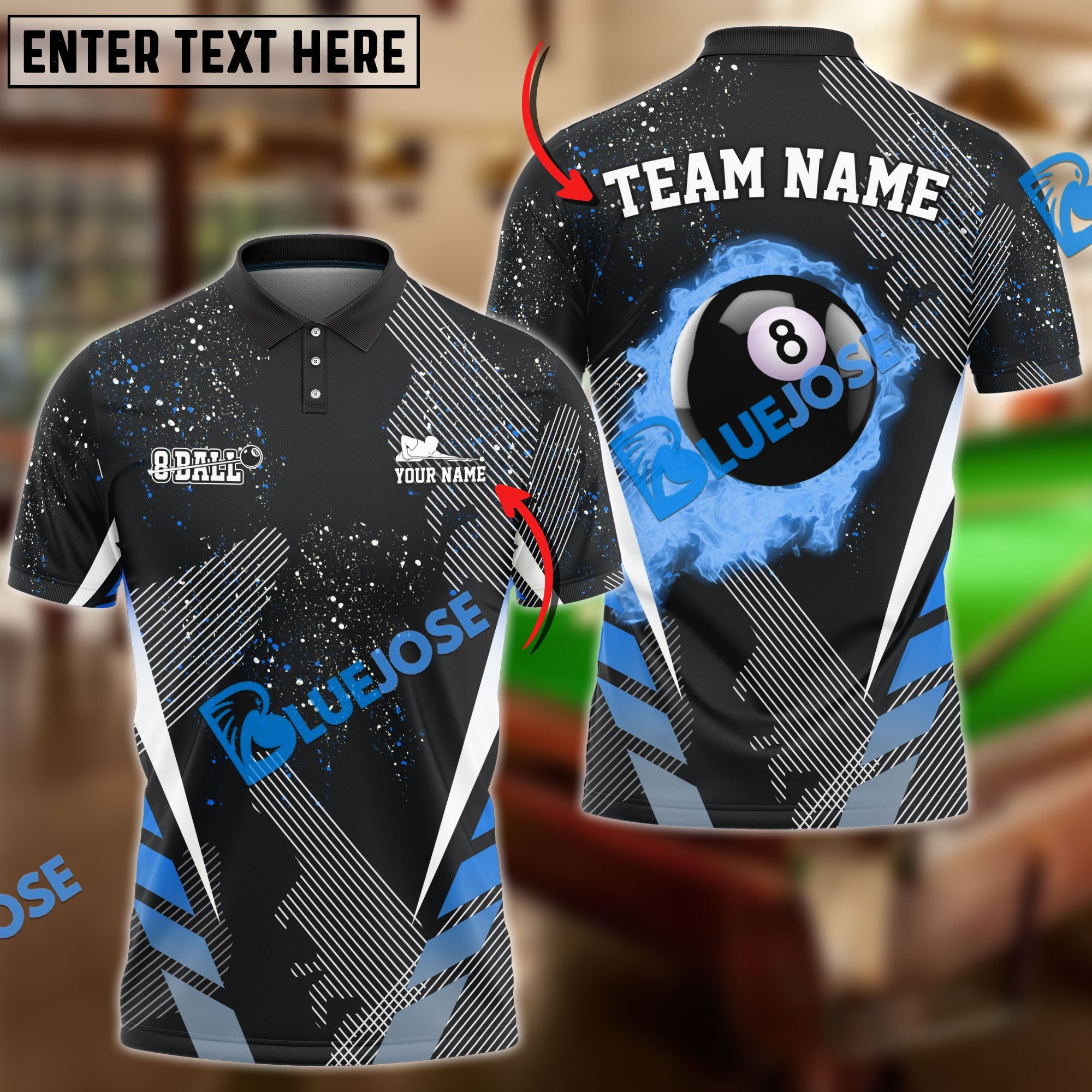 BlueJose Billiards Ball 8 Dream Tournament Personalized Name, Team Name Shirt (6 Colors)