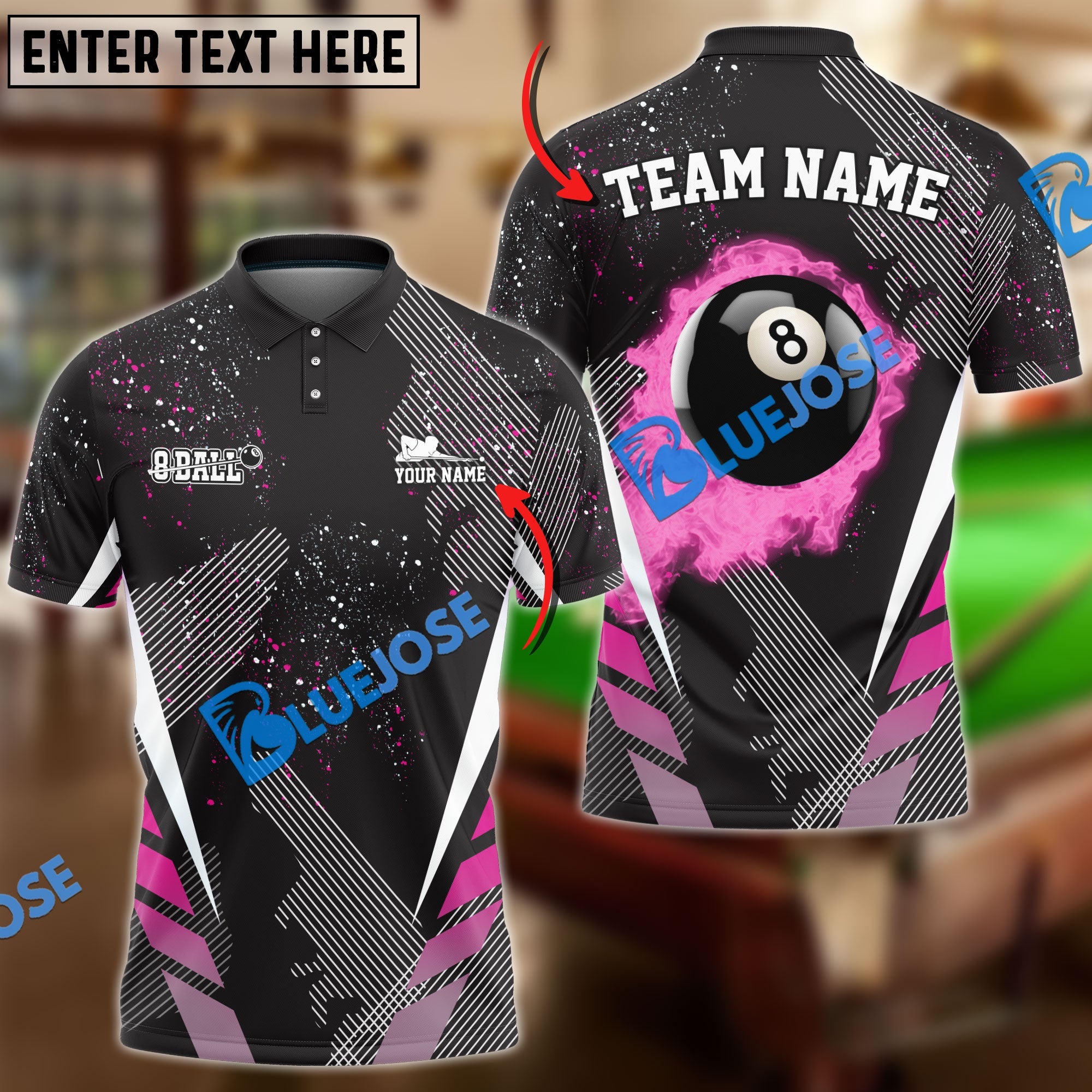 BlueJose Billiards Ball 8 Dream Tournament Personalized Name, Team Name Shirt (6 Colors)