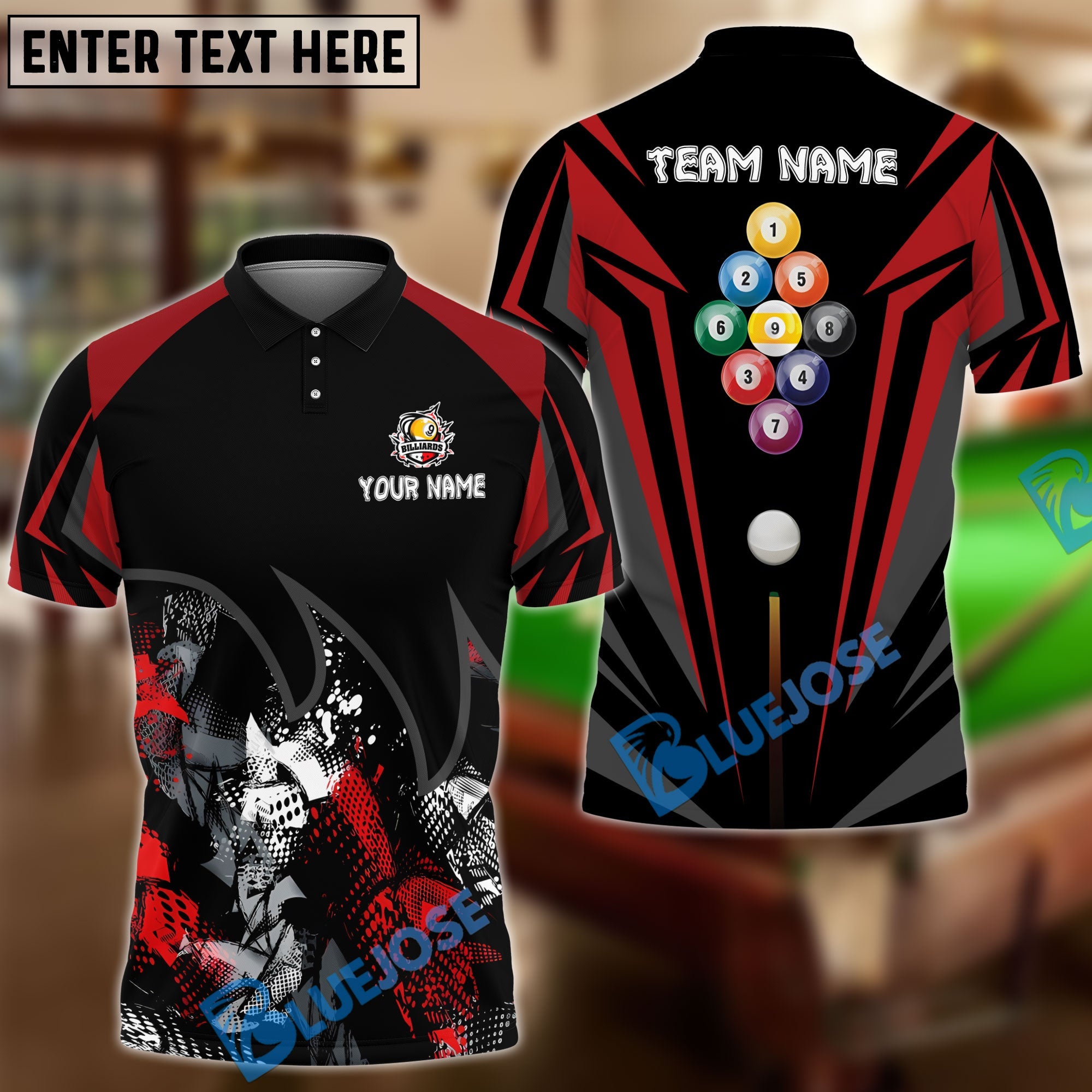 BlueJose Billiards Ball 9 Broken Fire Personalized Name & Team Name Shirt (4 Colors)
