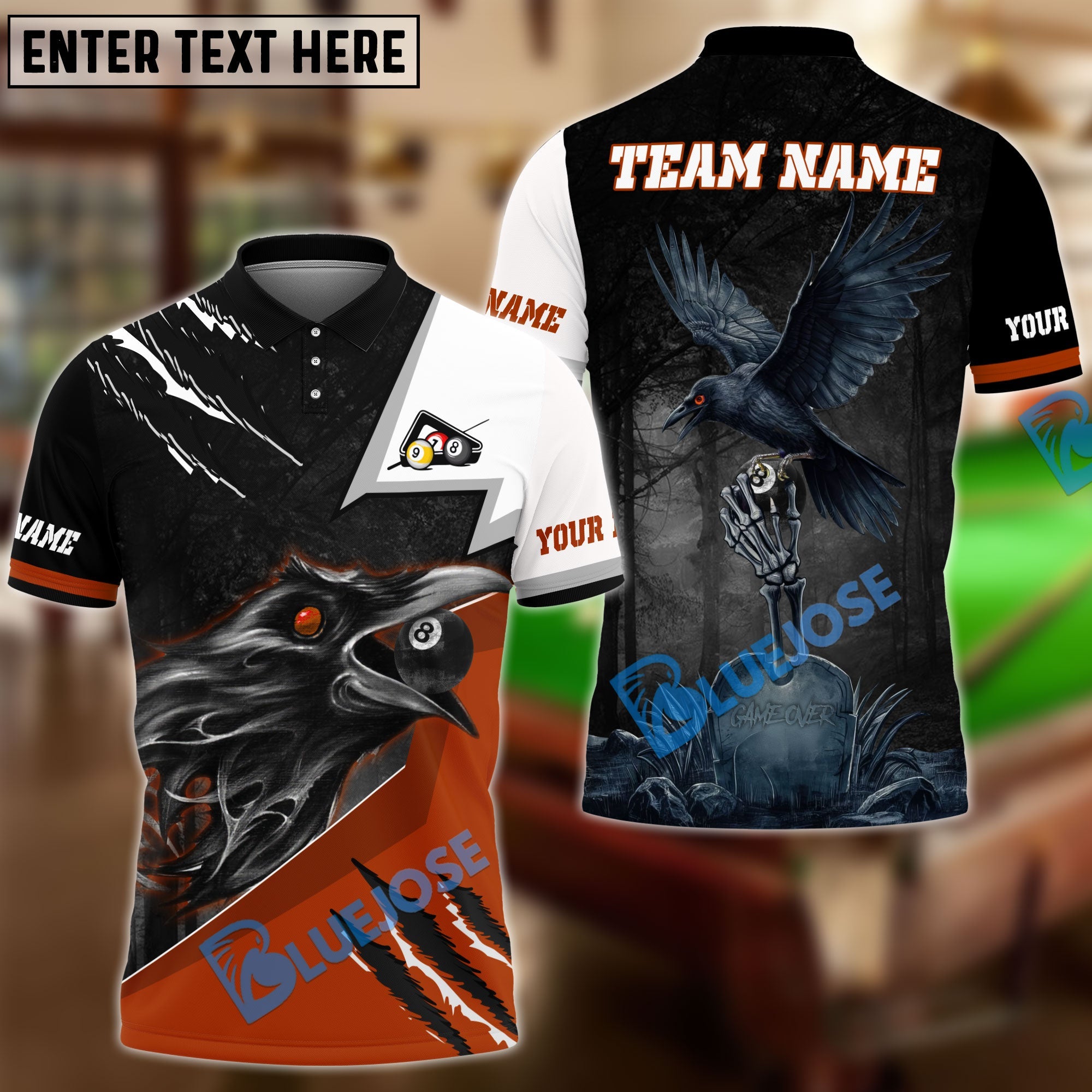 BlueJose Billiards Ball 8 Death Crow Personalized Name, Team Name Unisex Shirt (6 Colors)