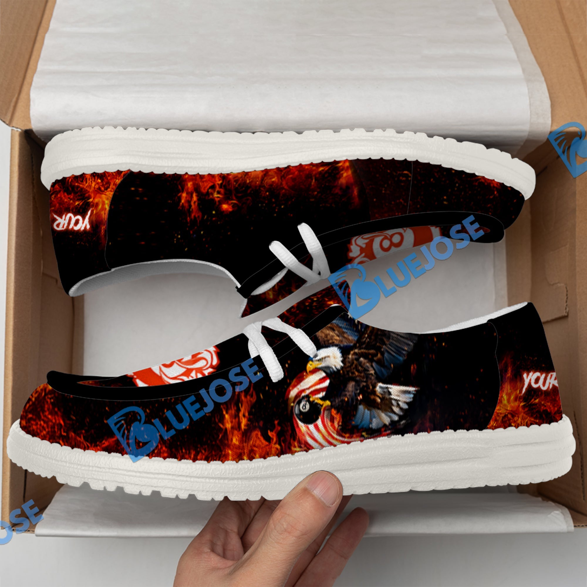 BlueJose Billiard 8 Ball Eagle Fire Flame White Canvas Loafer Shoes ( 4 Colors )