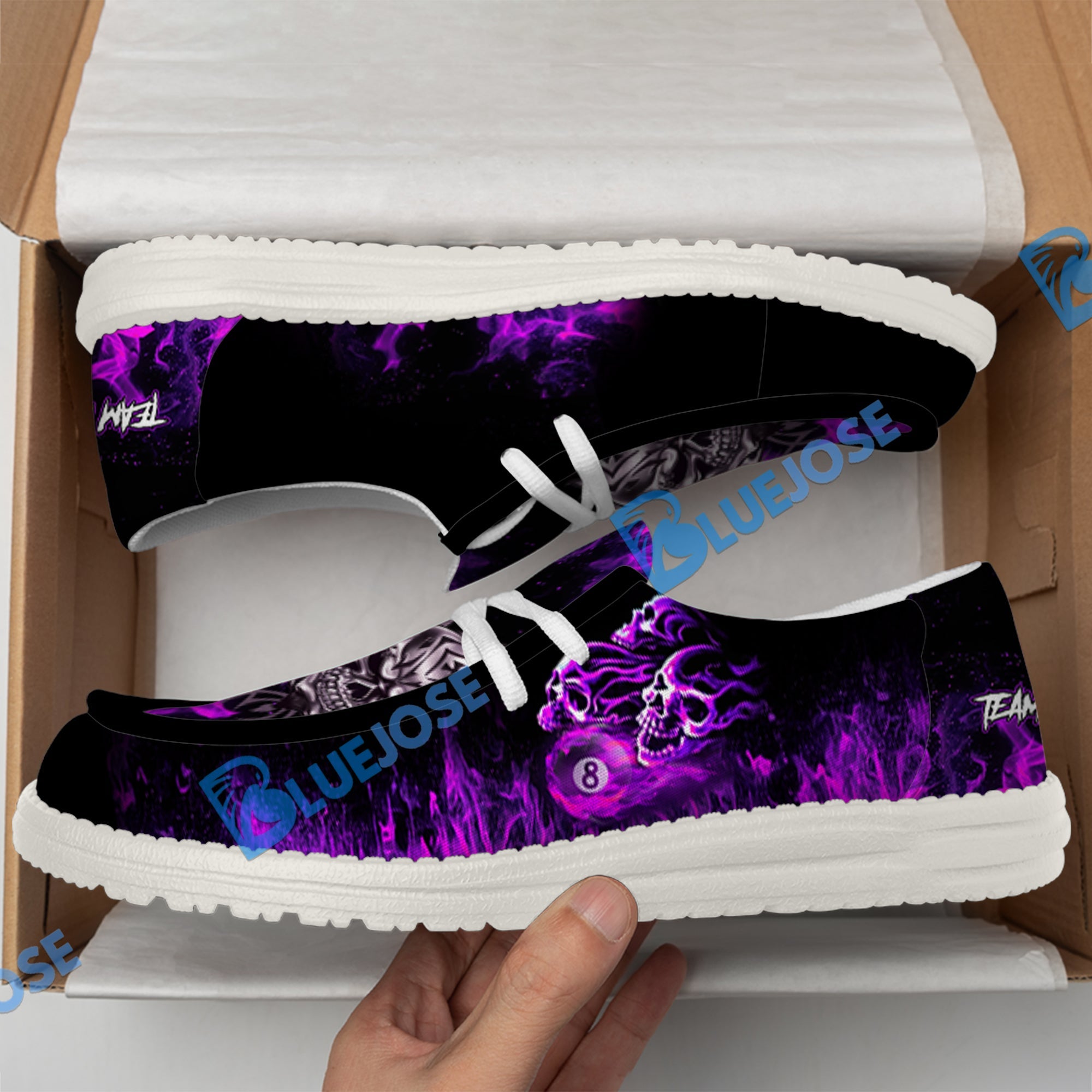 BlueJose Billiards 8 Ball Fusion Skulls White Canvas Loafer Shoes (4 Colors)