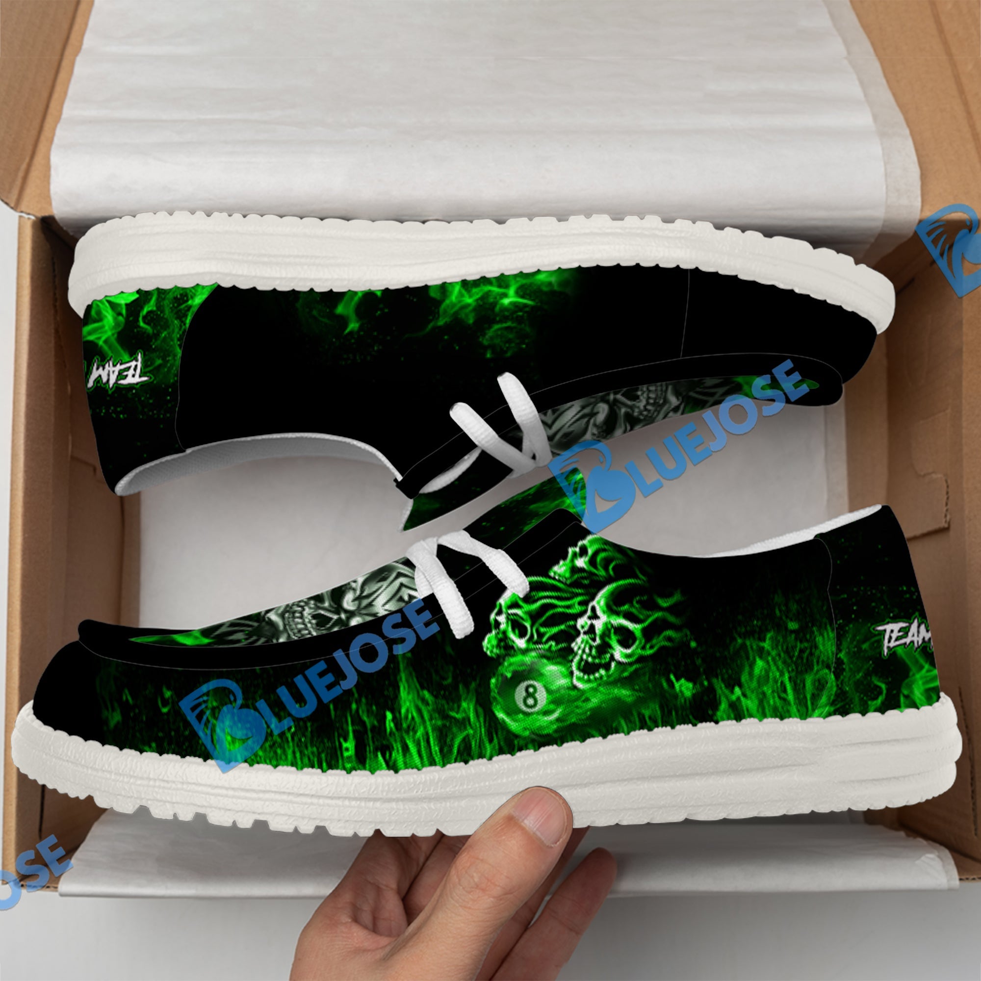 BlueJose Billiards 8 Ball Fusion Skulls White Canvas Loafer Shoes (4 Colors)