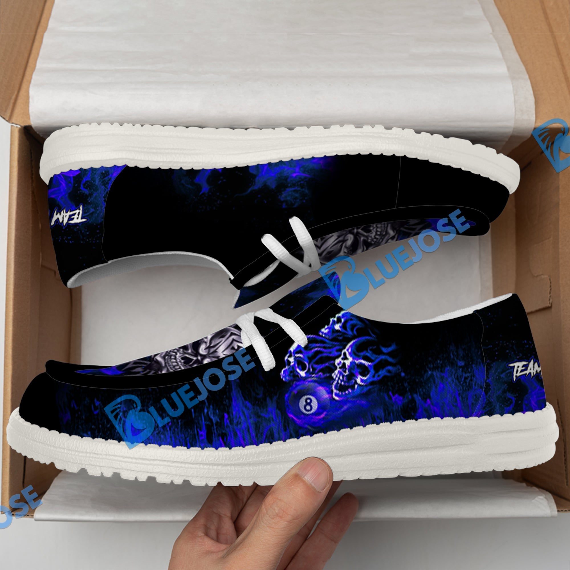 BlueJose Billiards 8 Ball Fusion Skulls White Canvas Loafer Shoes (4 Colors)