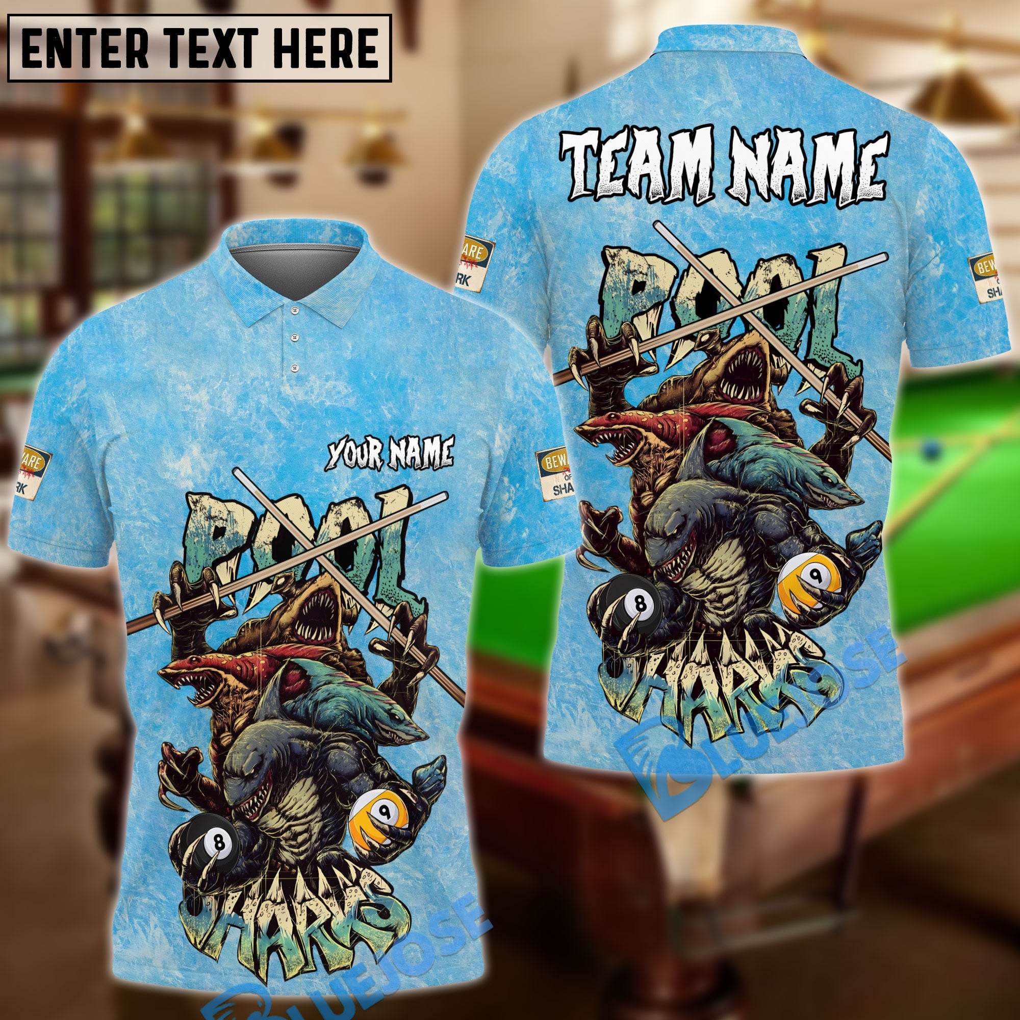 BlueJose Billiards Ball 8 & 9 Pool Sharks Washed Pattern Personalized Name Shirt (4 Colors)