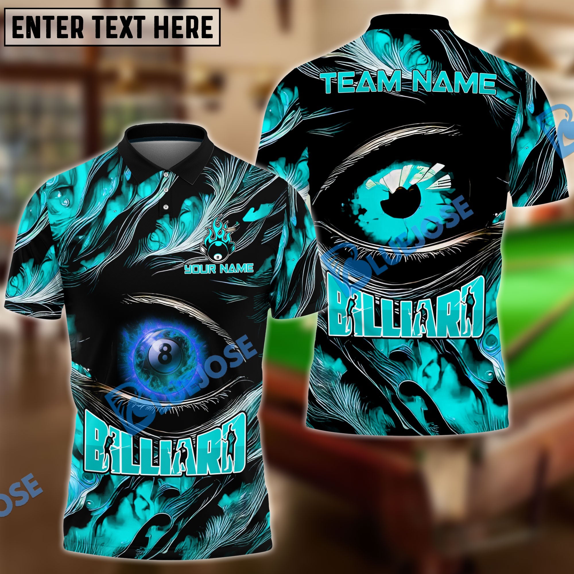 BlueJose Billiards Ball 8 Fire Eye Personalized Name, Team Name Unisex Shirt (4 Colors)