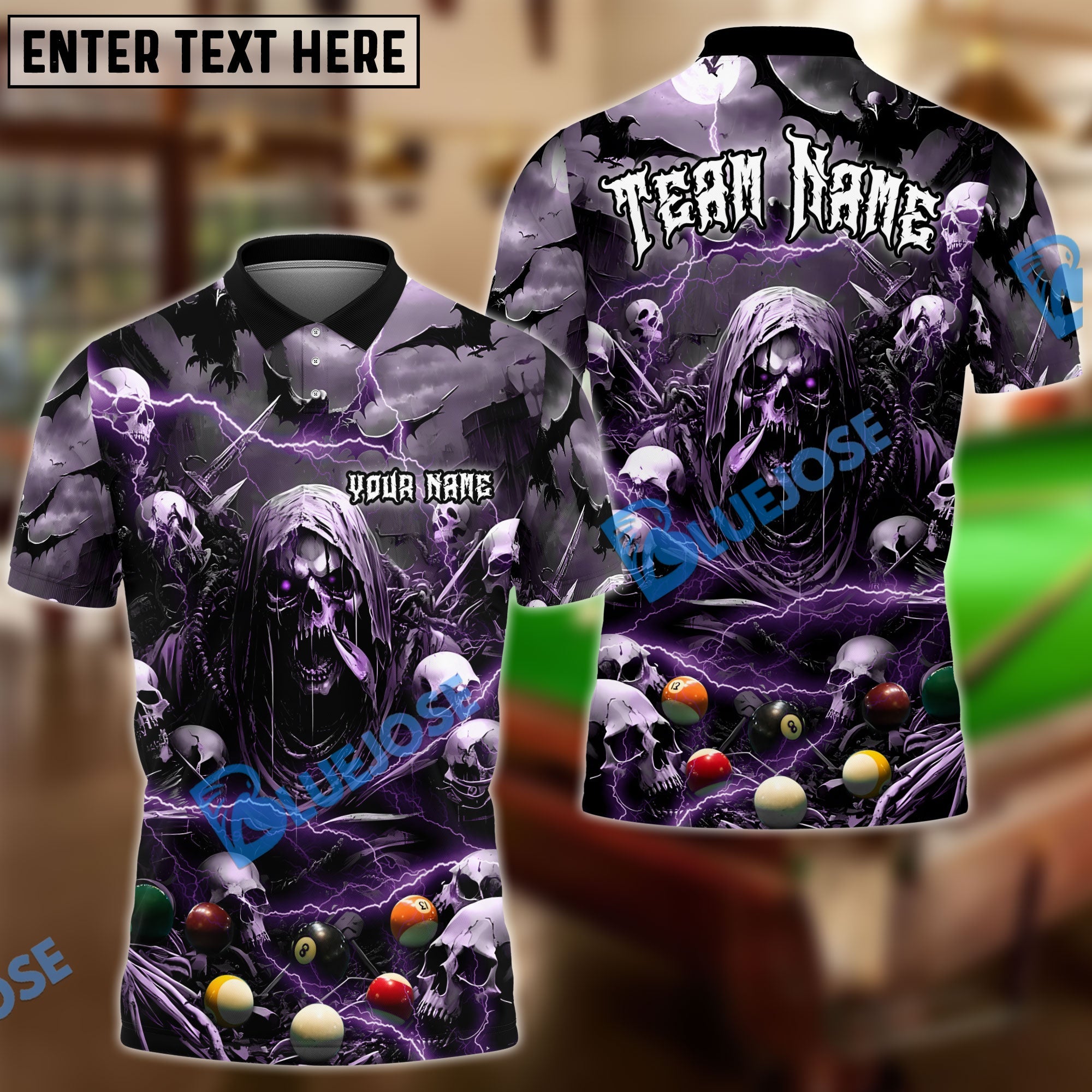 BlueJose Billiards Creepy Thunder Skull Personalized Name Team Name Shirt (6 Colors)