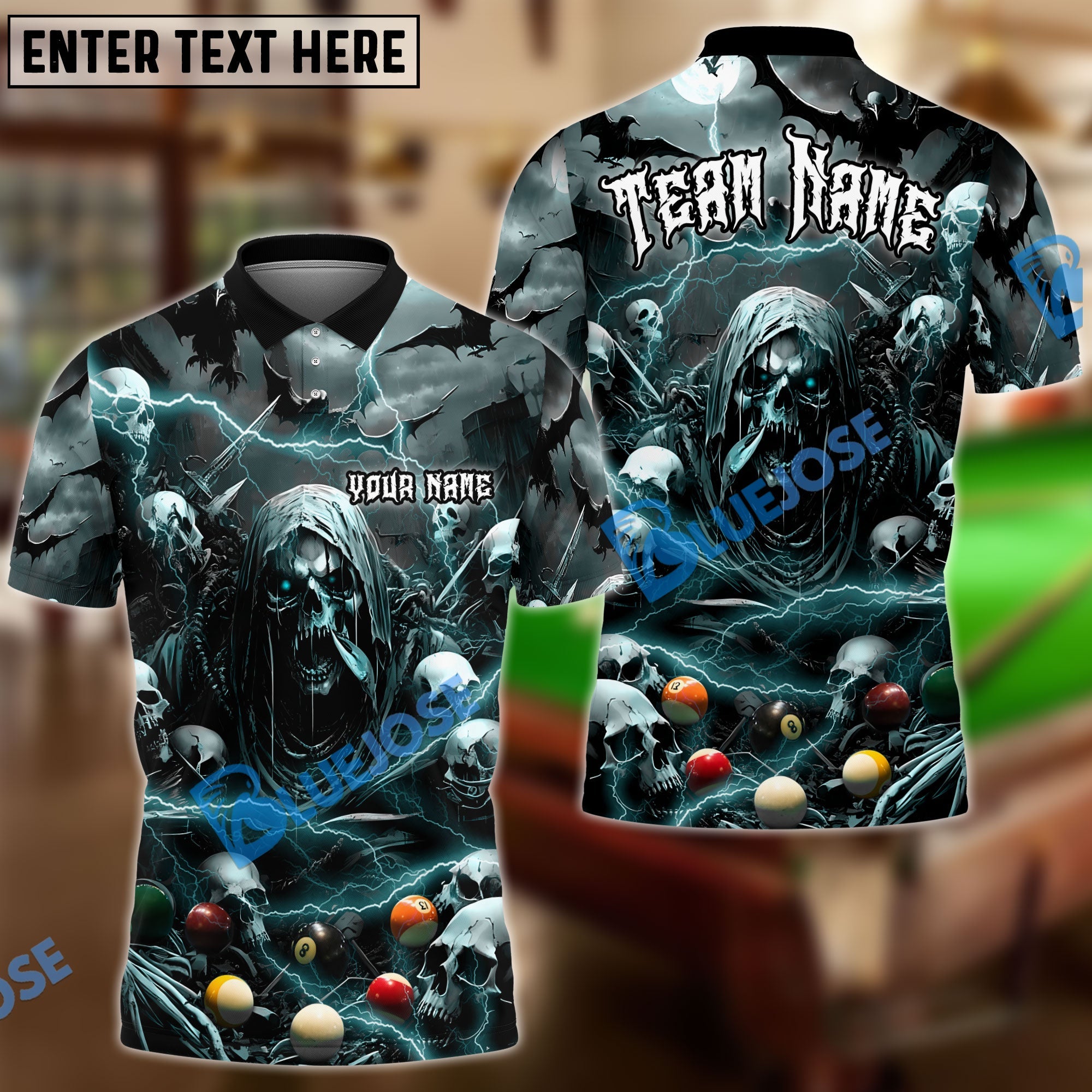BlueJose Billiards Creepy Thunder Skull Personalized Name Team Name Shirt (6 Colors)