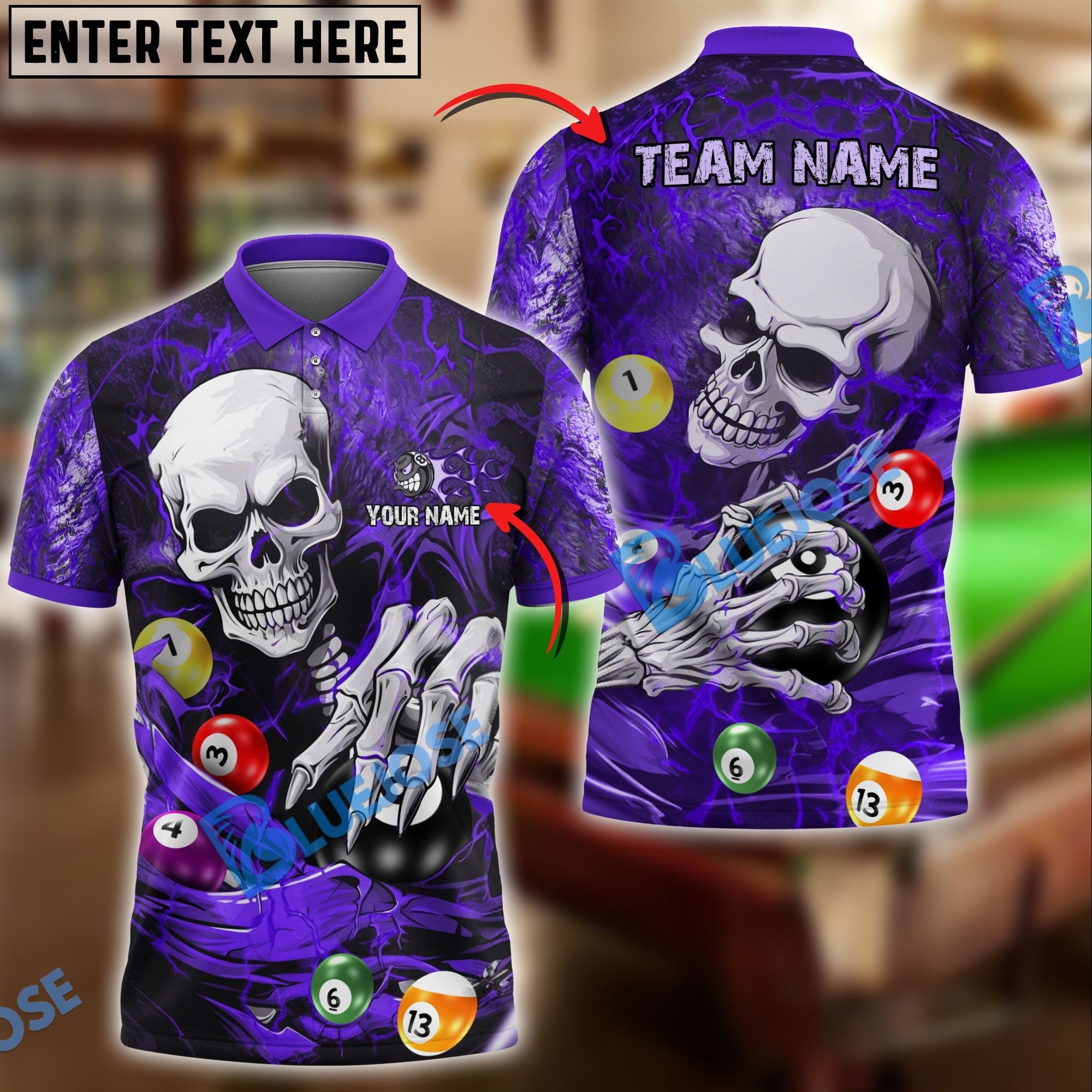 BlueJose Billiards Ball 8 Skull Lightning Personalized Name & Team Name Shirt (4 Colors)