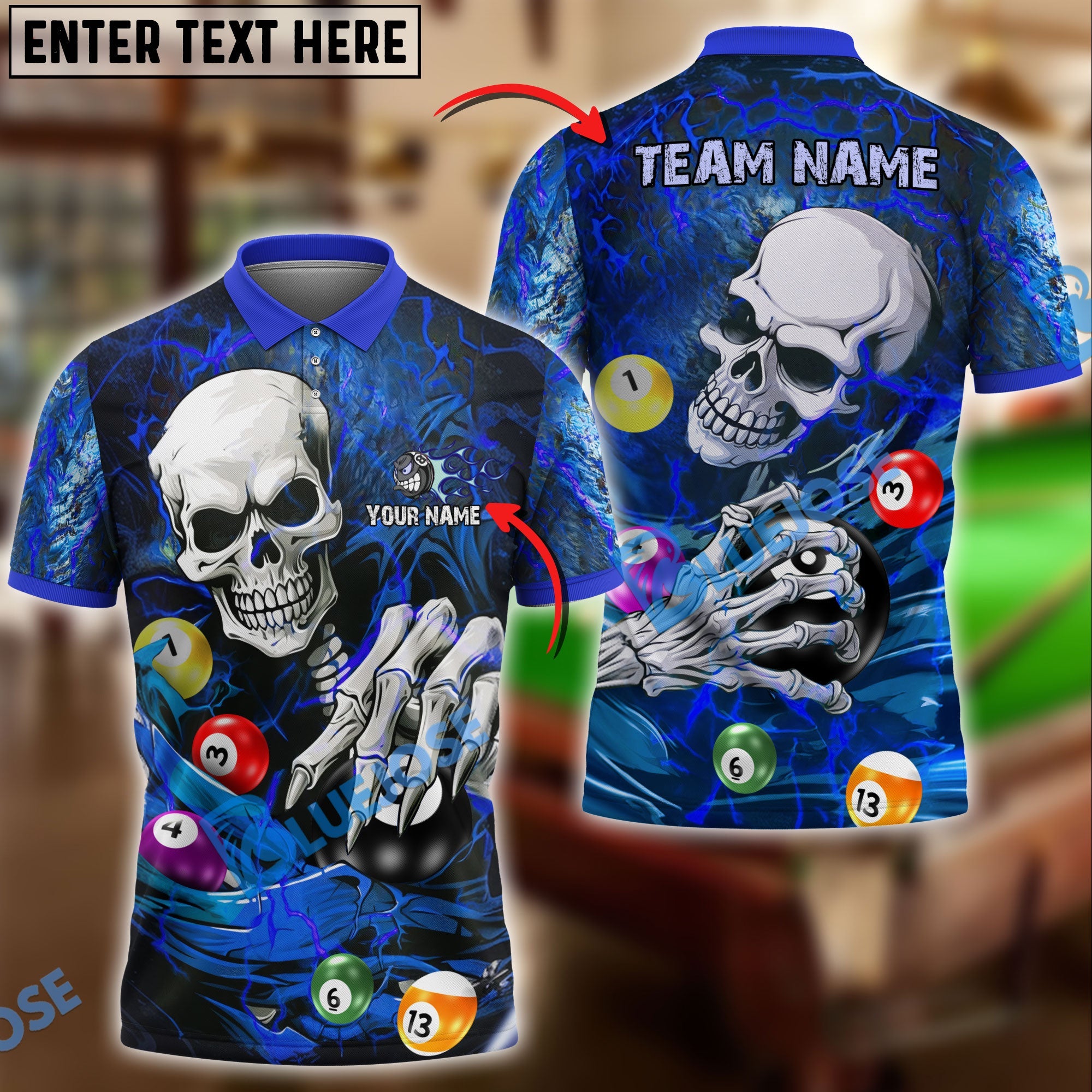 BlueJose Billiards Ball 8 Skull Lightning Personalized Name & Team Name Shirt (4 Colors)