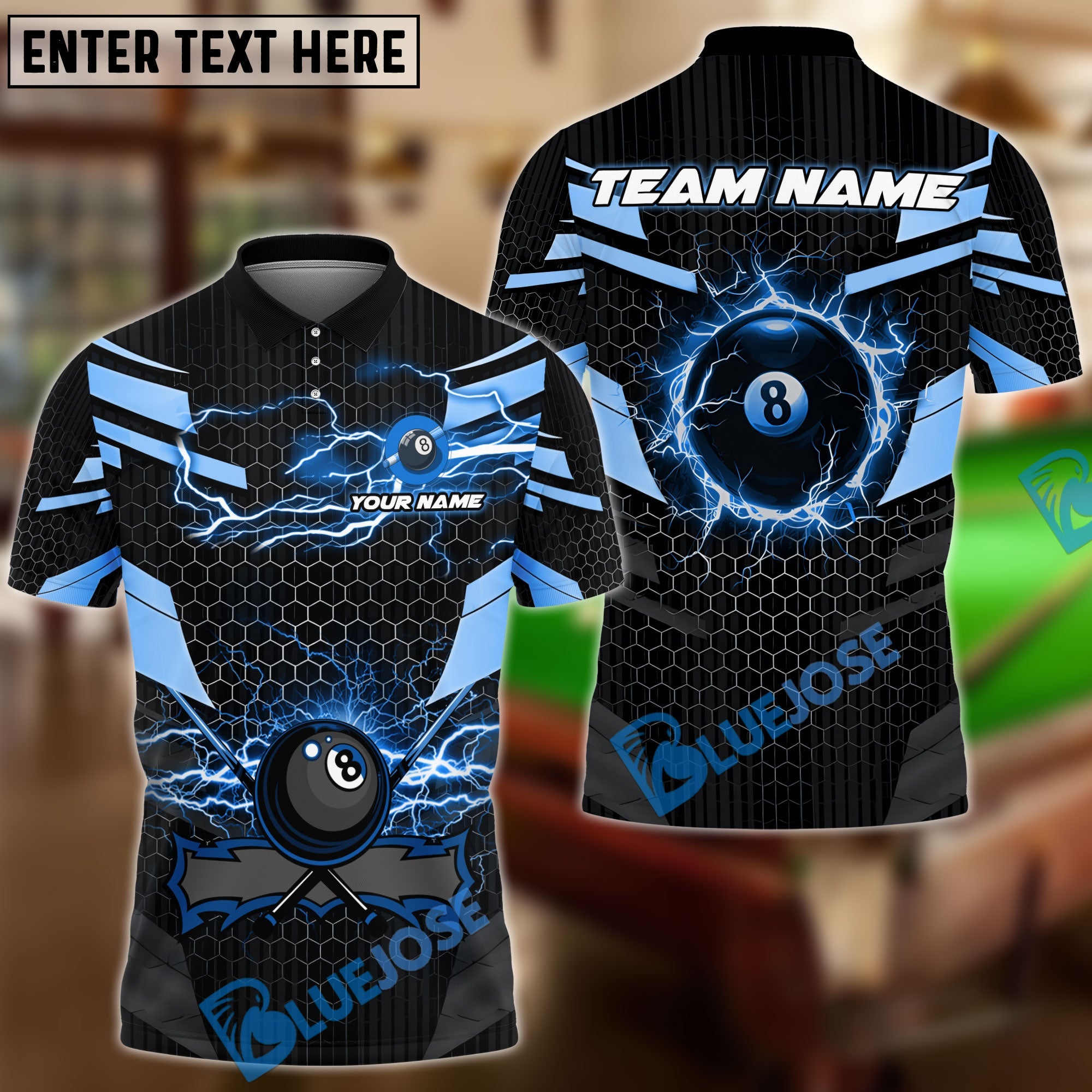 BlueJose Billiards Ball 8 Thunder Lightning Hexagon Personalized Name Team Name Unisex Shirt ( 6 Colors)