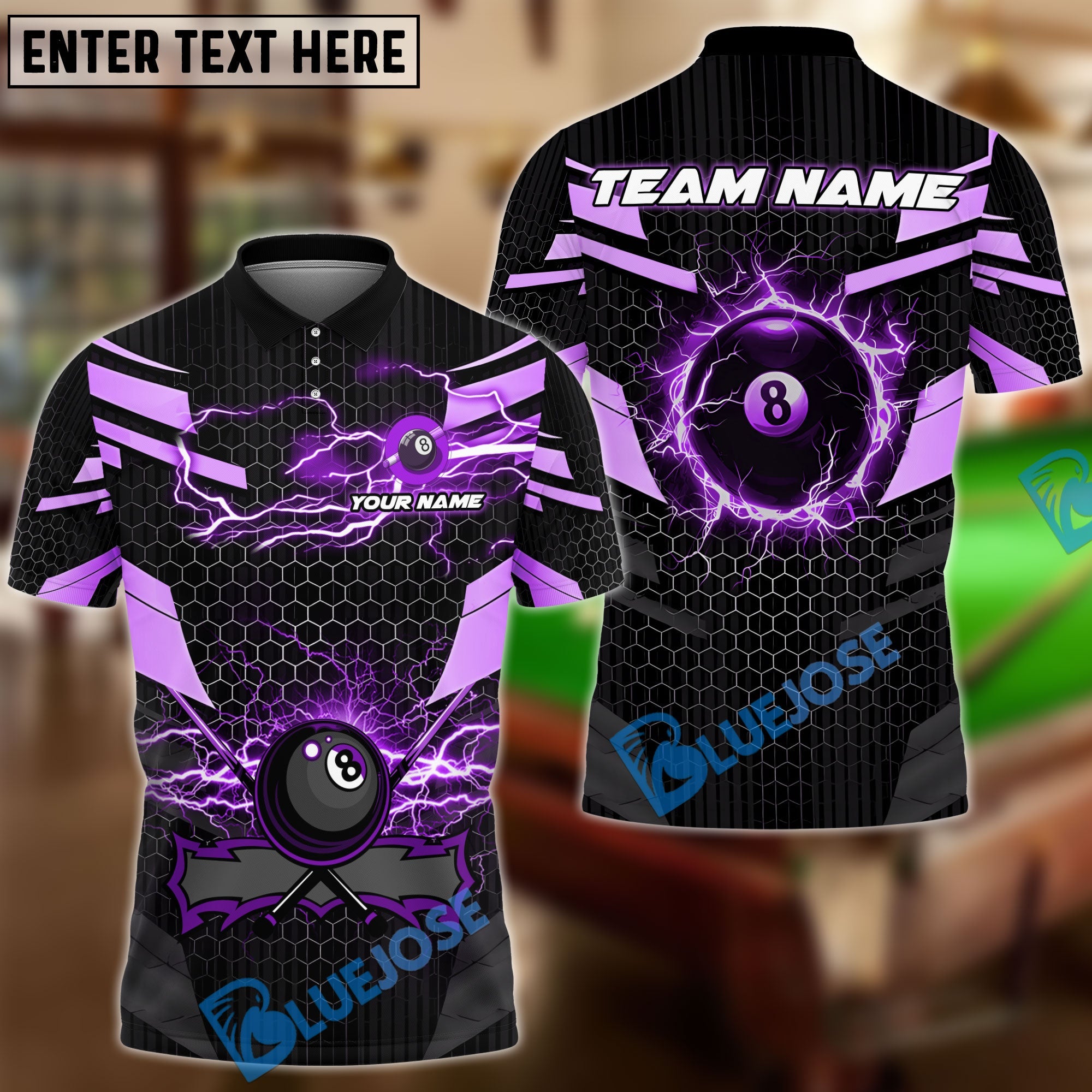 BlueJose Billiards Ball 8 Thunder Lightning Hexagon Personalized Name Team Name Unisex Shirt ( 6 Colors)