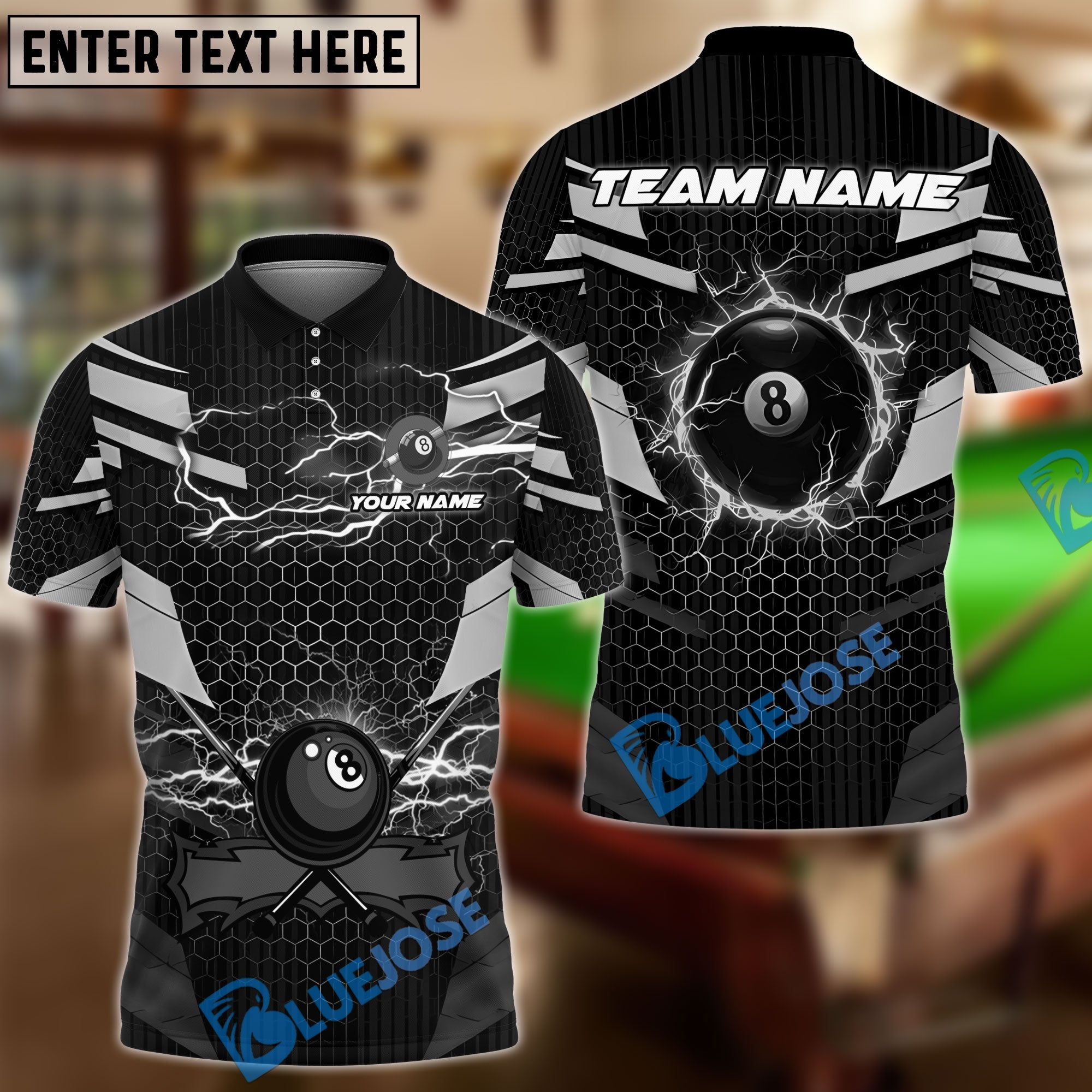 BlueJose Billiards Ball 8 Thunder Lightning Hexagon Personalized Name Team Name Unisex Shirt ( 6 Colors)