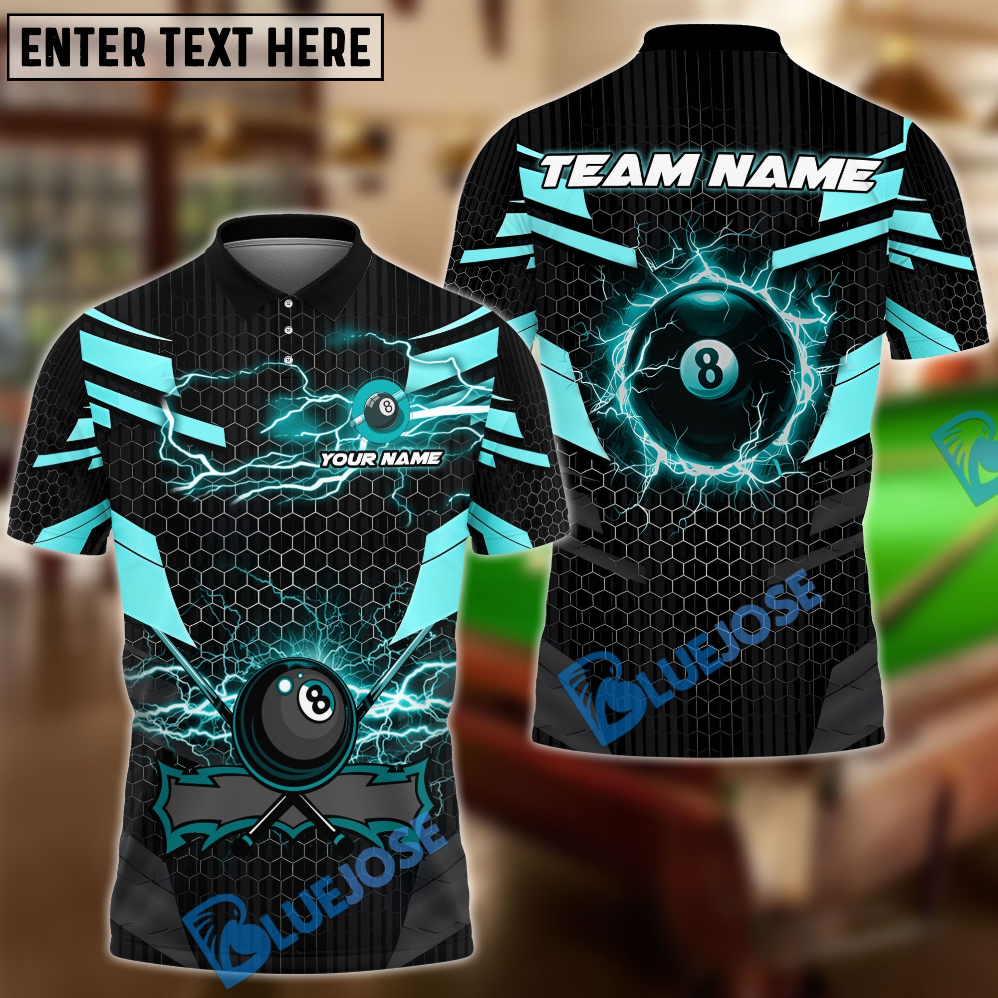 BlueJose Billiards Ball 8 Thunder Lightning Hexagon Personalized Name Team Name Unisex Shirt ( 6 Colors)