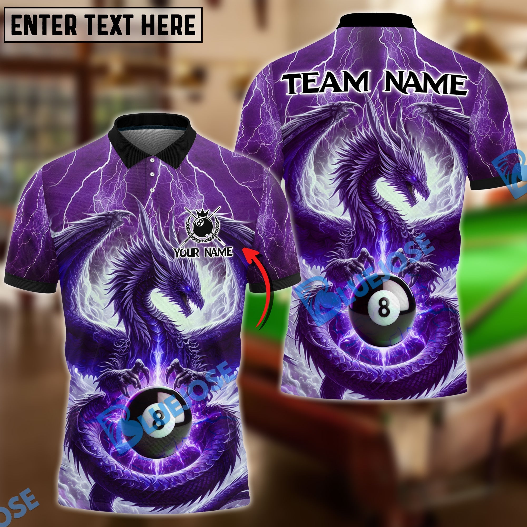 BlueJose Billiards 8 Ball Thunder Dragon Personalized Name, Team Name Shirt (4 Colors)
