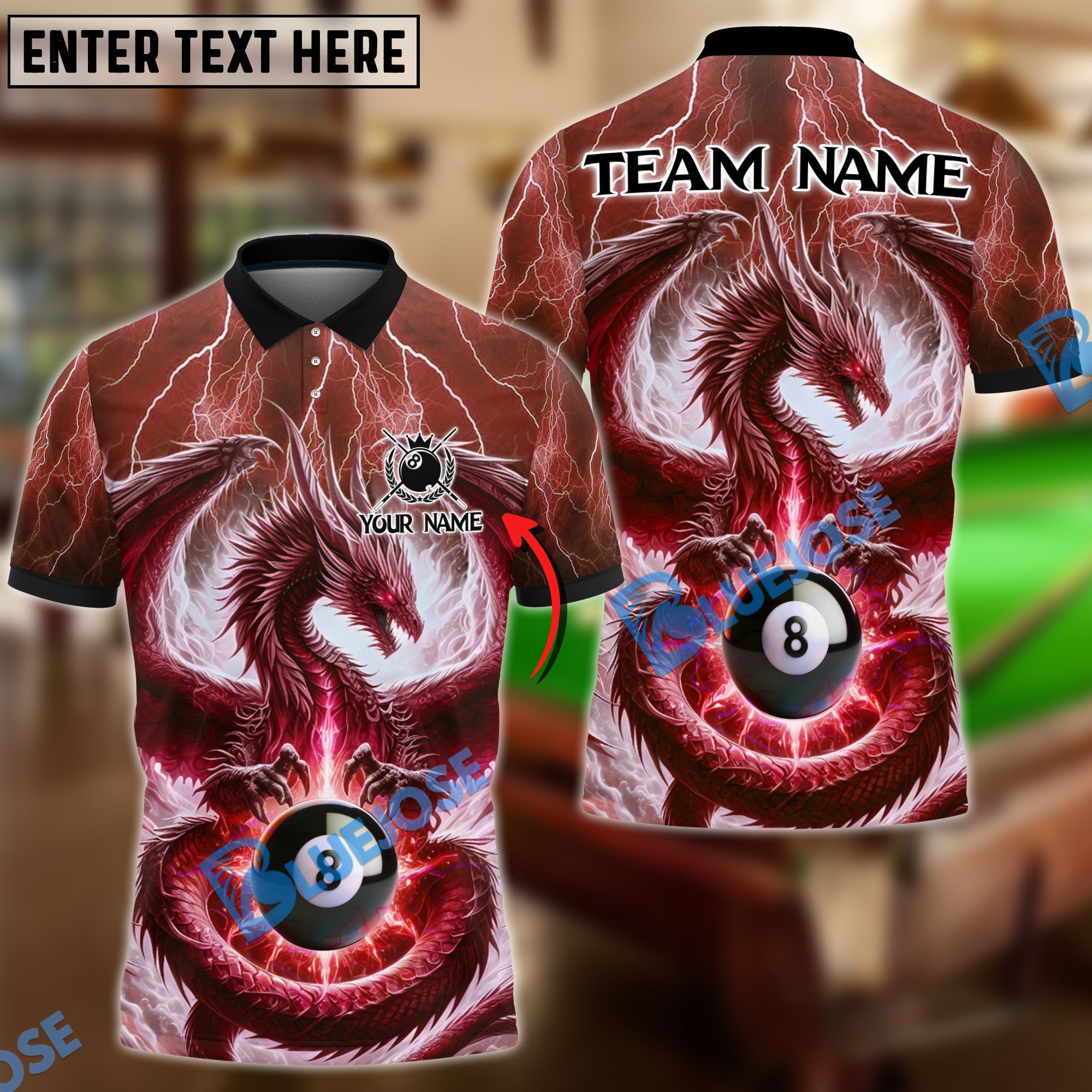 BlueJose Billiards 8 Ball Thunder Dragon Personalized Name, Team Name Shirt (4 Colors)