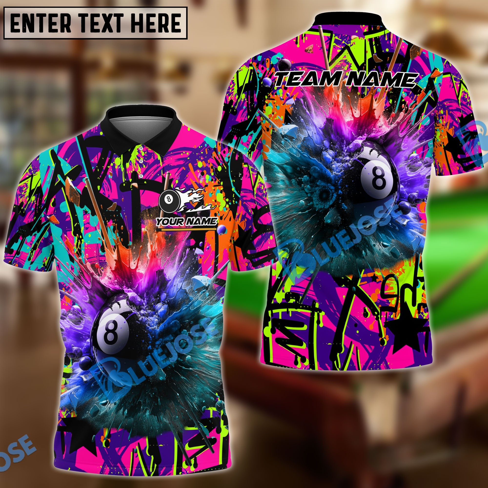 BlueJose Billiards 8 Ball Graffiti Explosion Paint Personalized Name, Team Name Shirt (4 Colors)