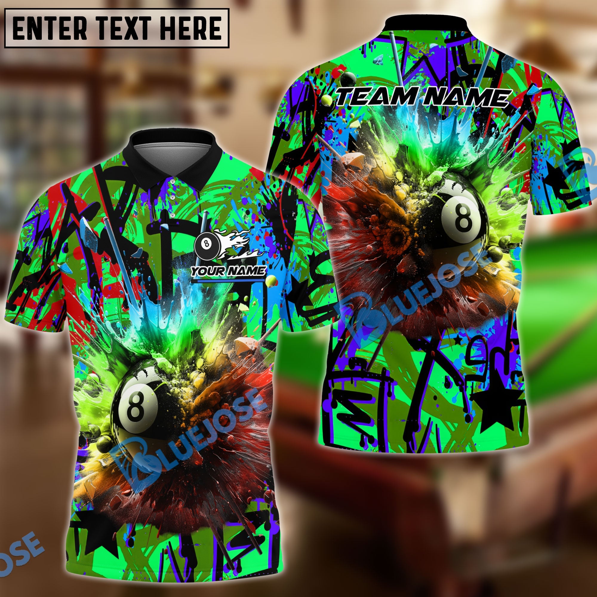 BlueJose Billiards 8 Ball Graffiti Explosion Paint Personalized Name, Team Name Shirt (4 Colors)