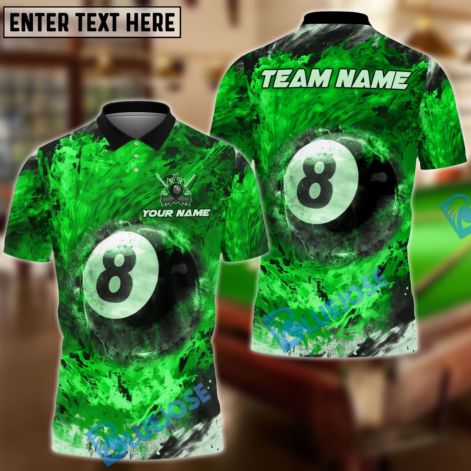 BlueJose Billiards 8 Ball Flame Inferno Personalized Name, Team Name Shirt (4 Colors)