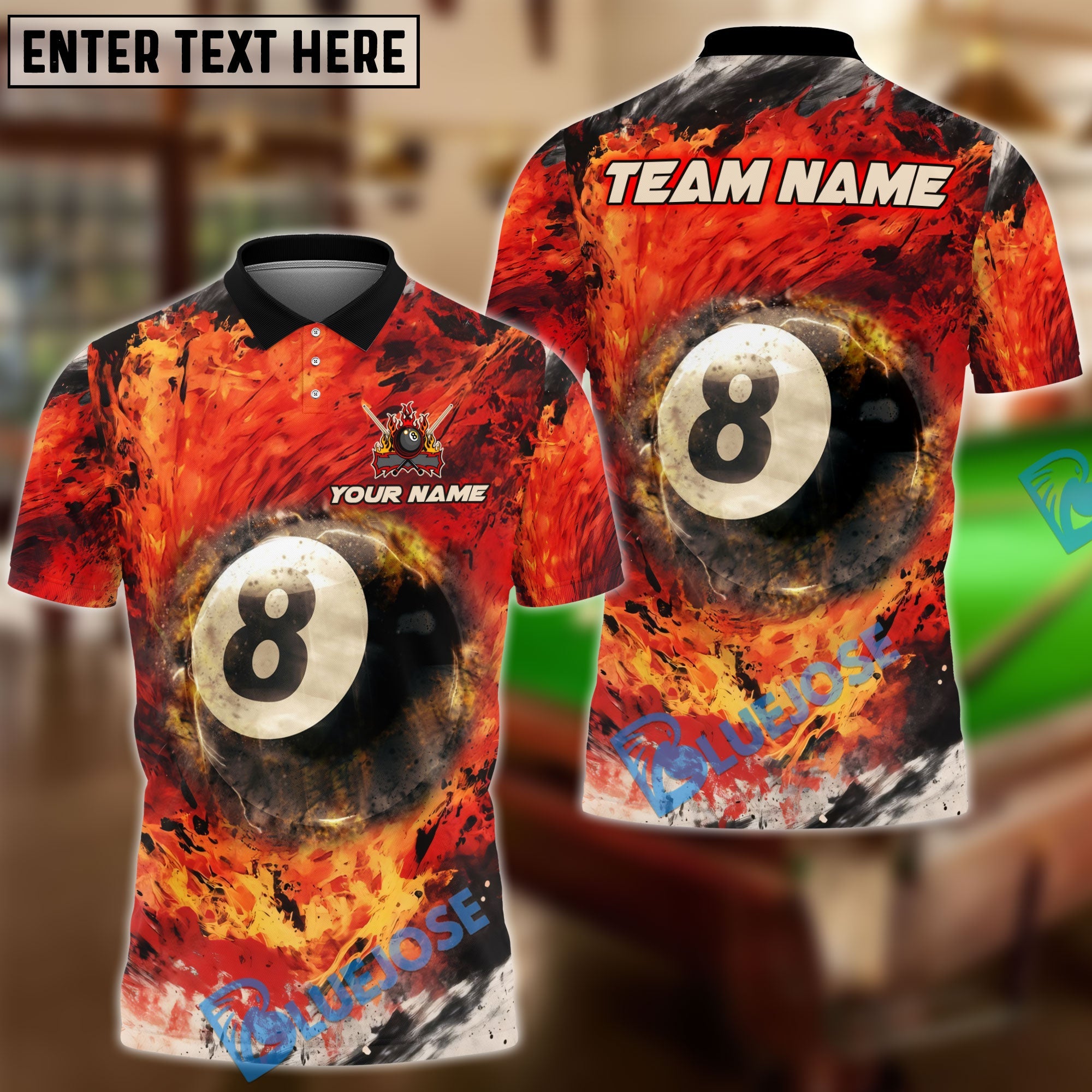 BlueJose Billiards 8 Ball Flame Inferno Personalized Name, Team Name Shirt (4 Colors)