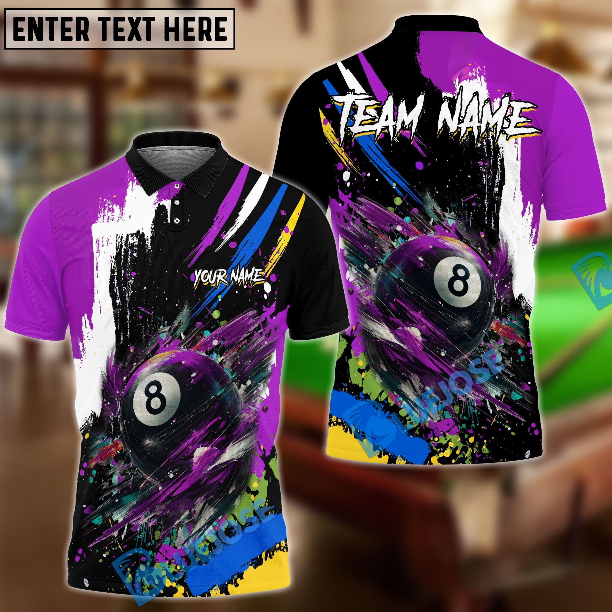 BlueJose Billiards Ball 8 Colorful Paint Style Personalized Name, Team Name Unisex Shirt (4 Colors)