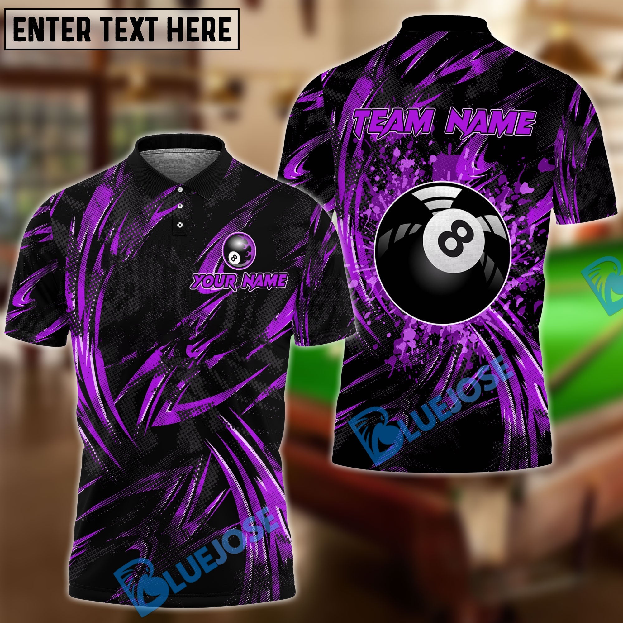 BlueJose Billiards Ball 8 Grunge Curved Fire Personalized Name, Team Name Shirt (4 Colors)