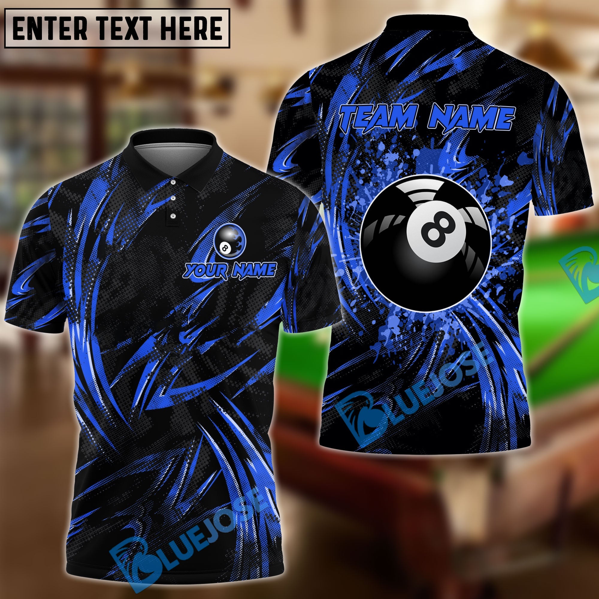 BlueJose Billiards Ball 8 Grunge Curved Fire Personalized Name, Team Name Shirt (4 Colors)