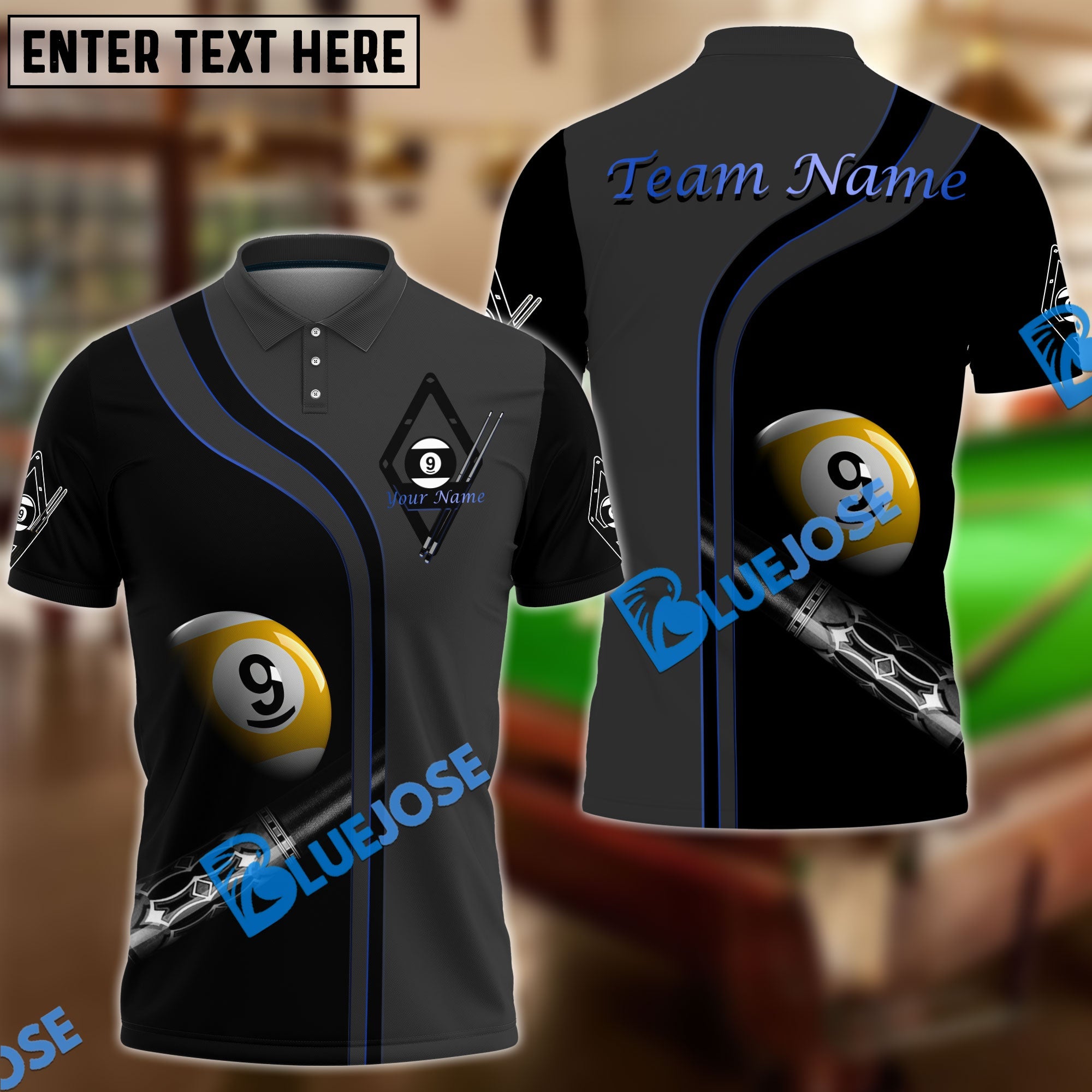 BlueJose Billiards Ball 9 Deep Fantasy Personalized Name, Team Name Shirt For Kids (4 Colors)