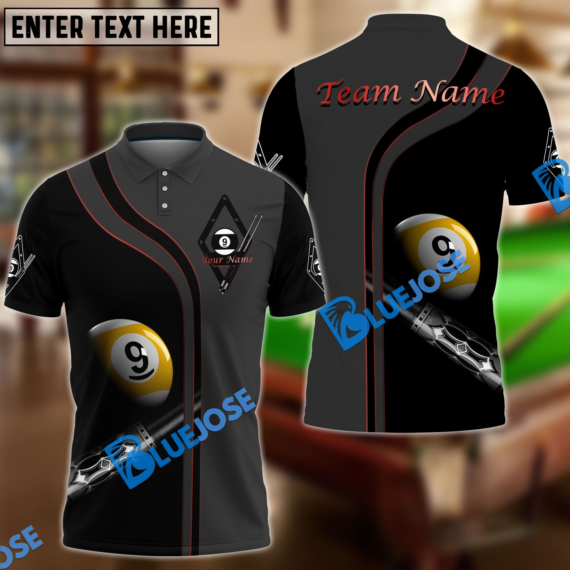 BlueJose Billiards Ball 9 Deep Fantasy Personalized Name, Team Name Shirt For Kids (4 Colors)