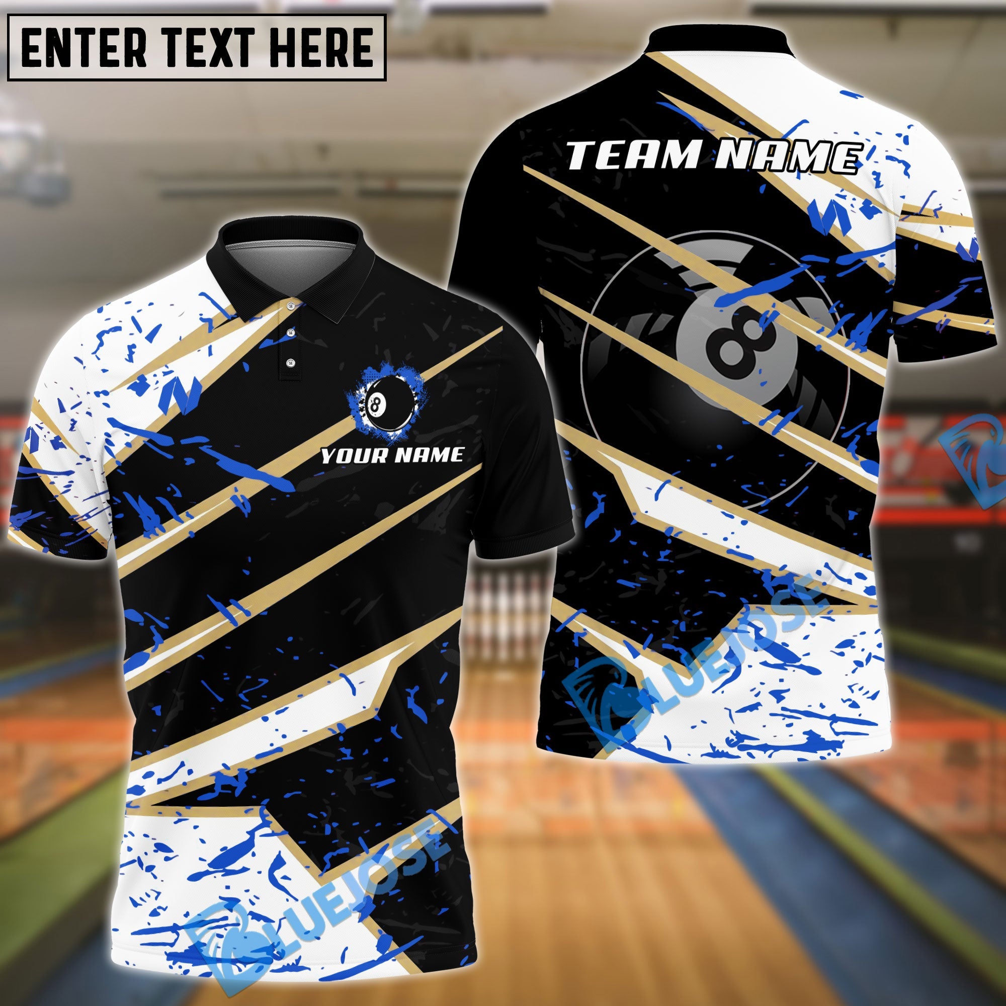 BlueJose Billiards Ball 8 Black White Stain Personalized Name, Team Name Unisex Shirt (4 Colors)