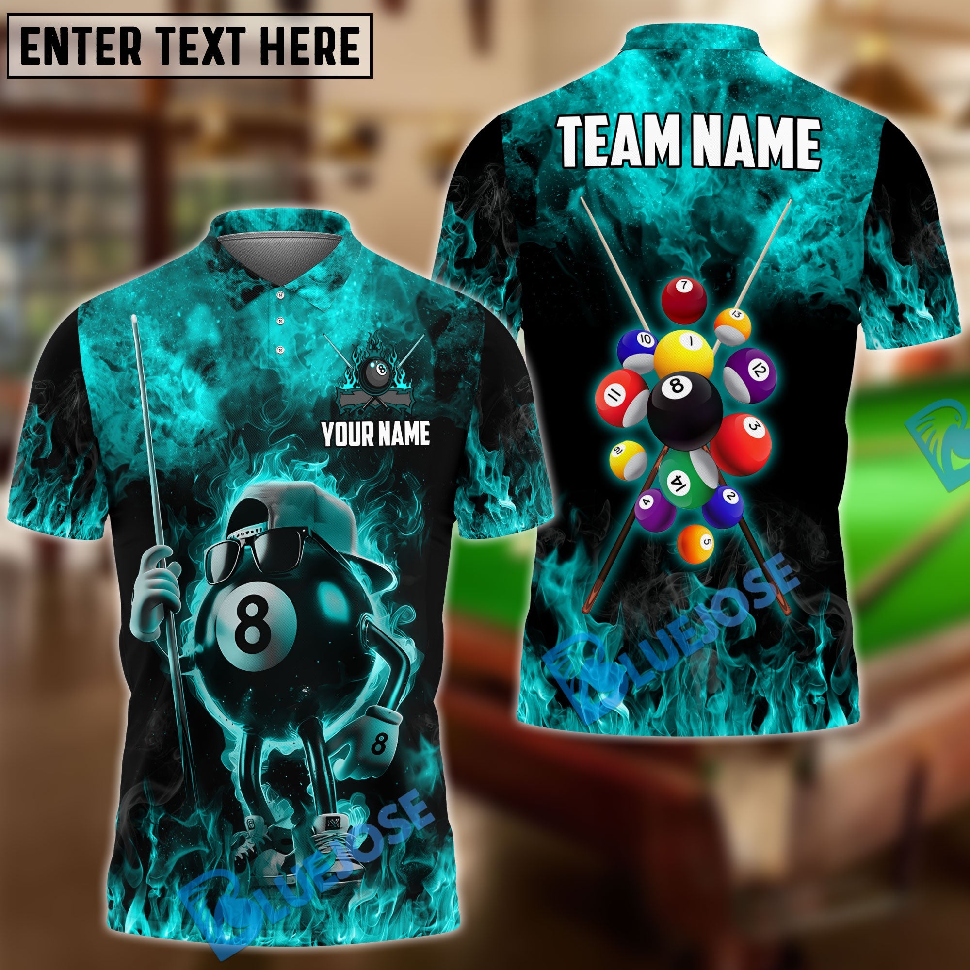 BlueJose Billiards Funny Fire 8 Ball Personalized Name & Team Name Shirt (4 Colors)
